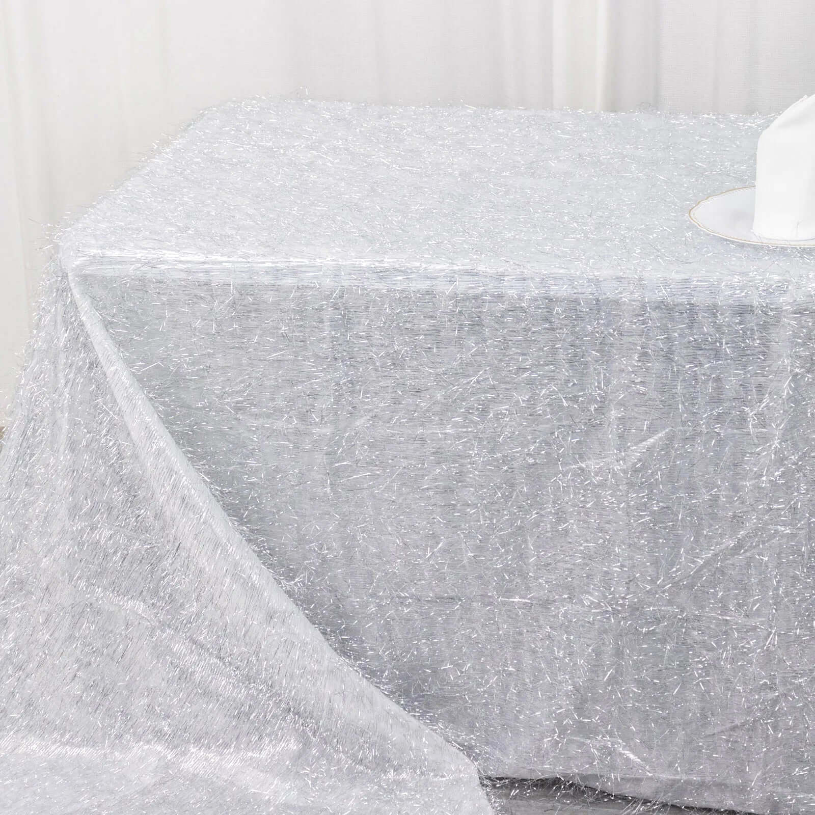 Polyester Rectangle Tablecloth 90"x156" Silver Metallic Fringe Shag Tinsel Table Cover - Image 8
