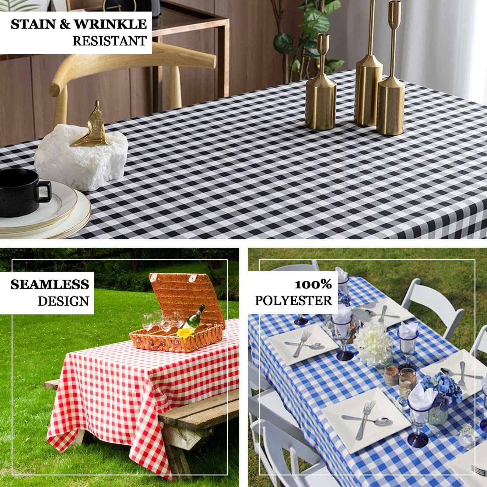 Polyester Rectangle Tablecloth 90"x156" White/Sage Green with Checkered Buffalo Plaid Design - Seamless Table Cover - Image 4