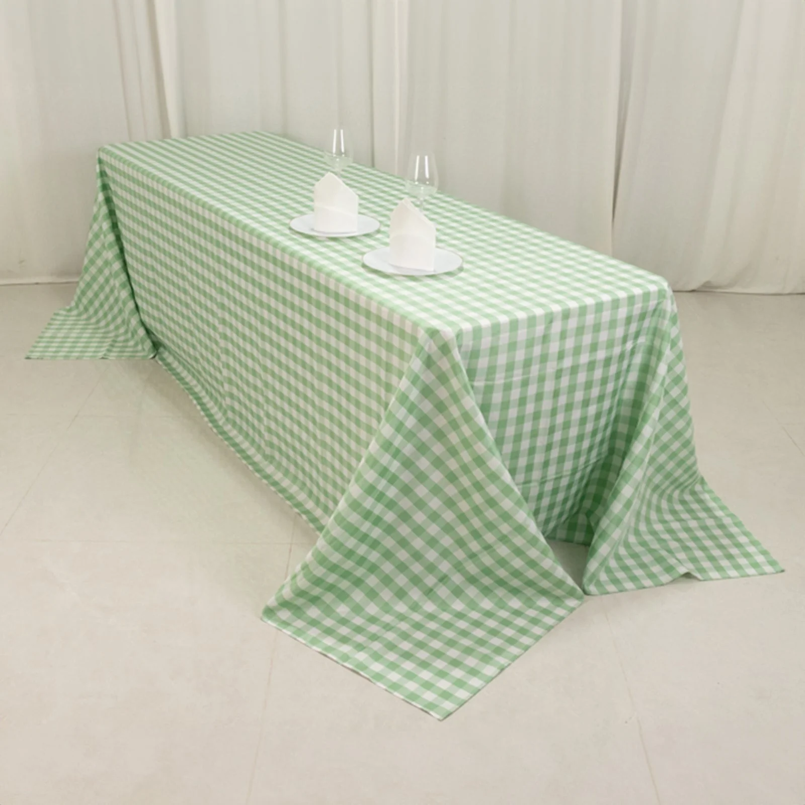 Polyester Rectangle Tablecloth 90"x156" White/Sage Green with Checkered Buffalo Plaid Design - Seamless Table Cover - Image 6