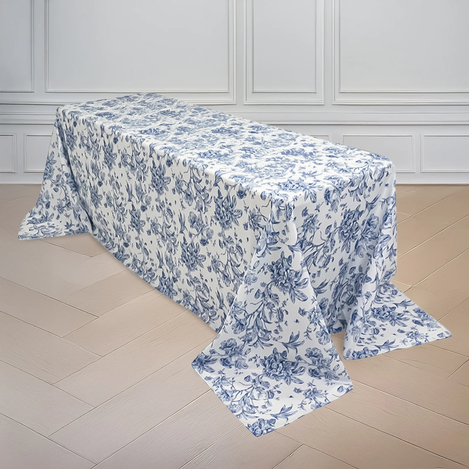 Polyester Rectangular Tablecloth 90"x132" White with Blue French Toile Pattern - Sophisticated Seamless Table Cover for Chic Weddings & Events