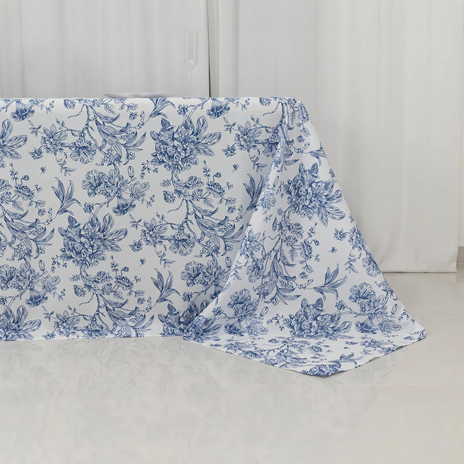 Polyester Rectangular Tablecloth 90"x132" White with Blue French Toile Pattern - Sophisticated Seamless Table Cover for Chic Weddings & Events - Image 2