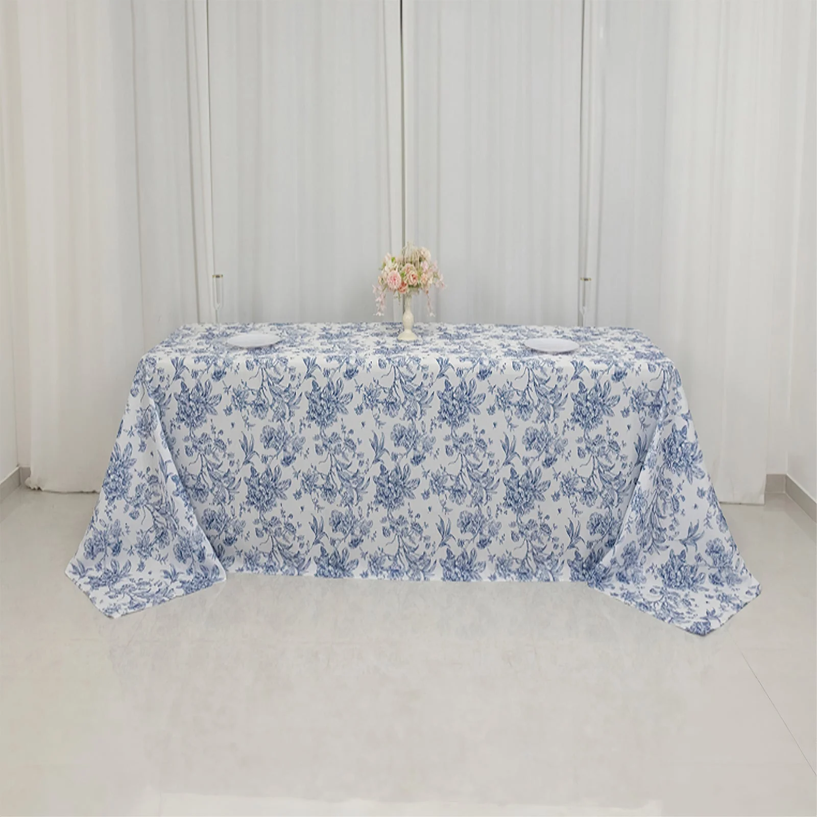 Polyester Rectangular Tablecloth 90"x132" White with Blue French Toile Pattern - Sophisticated Seamless Table Cover for Chic Weddings & Events - Image 5