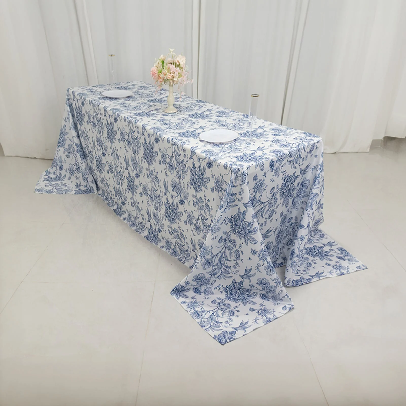 Polyester Rectangular Tablecloth 90"x132" White with Blue French Toile Pattern - Sophisticated Seamless Table Cover for Chic Weddings & Events - Image 6