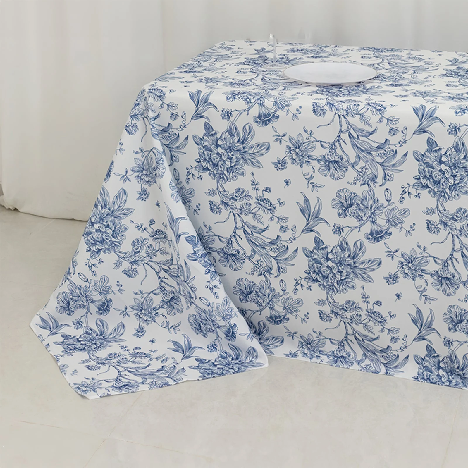 Polyester Rectangular Tablecloth 90"x132" White with Blue French Toile Pattern - Sophisticated Seamless Table Cover for Chic Weddings & Events - Image 7