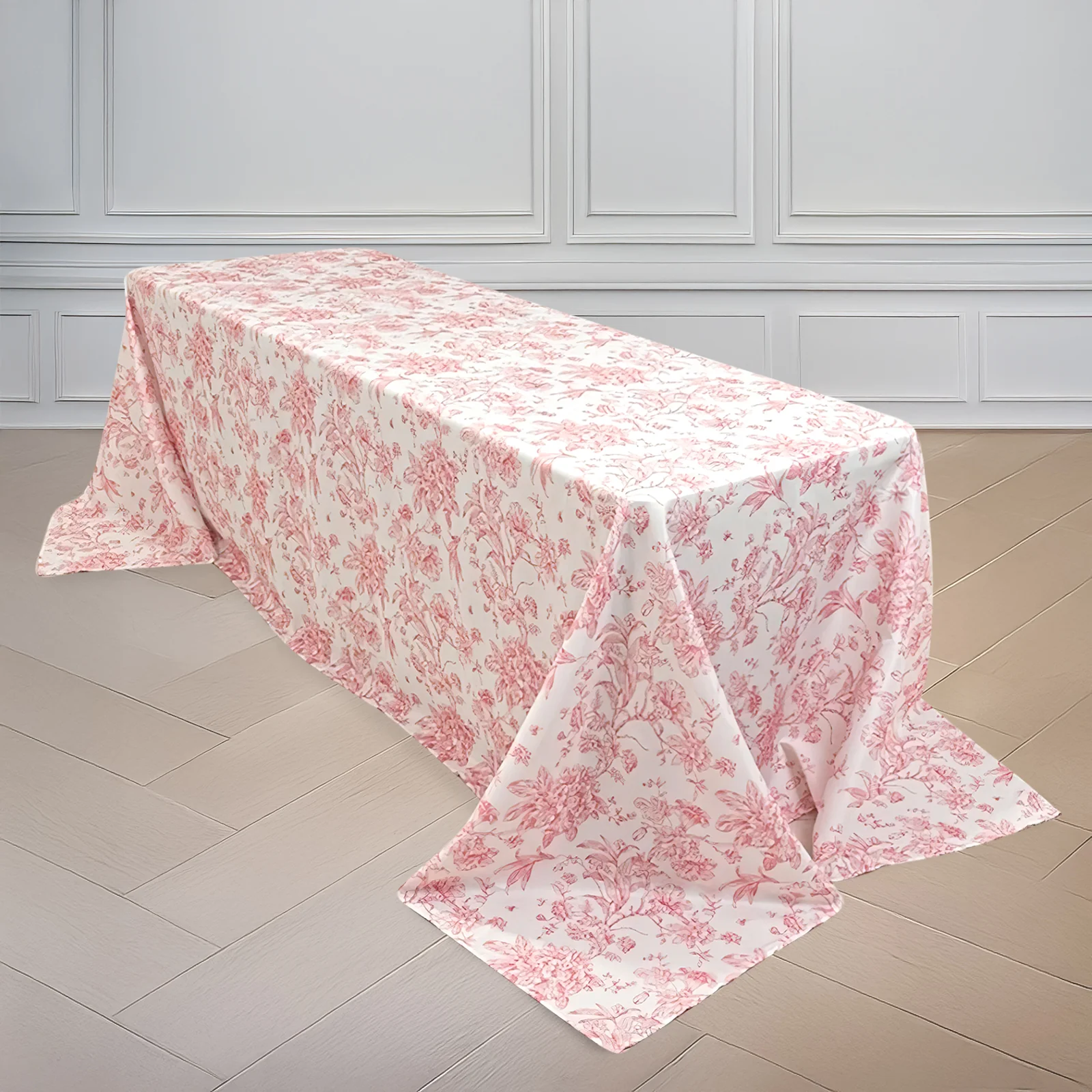 Polyester Rectangular Tablecloth 90"x132" White with Pink French Toile Pattern - Sophisticated Seamless Table Cover for Chic Weddings & Events