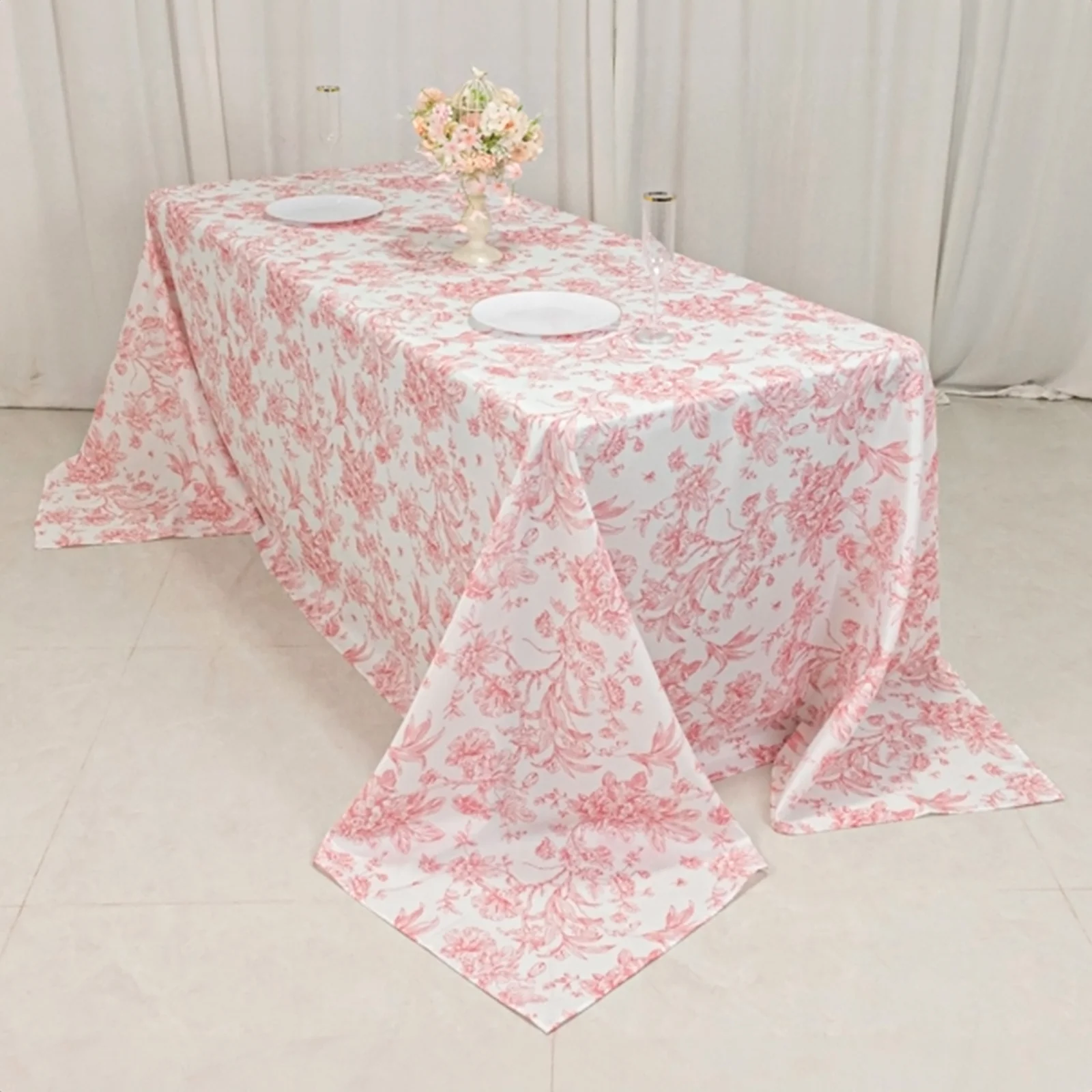Polyester Rectangular Tablecloth 90"x132" White with Pink French Toile Pattern - Sophisticated Seamless Table Cover for Chic Weddings & Events - Image 6