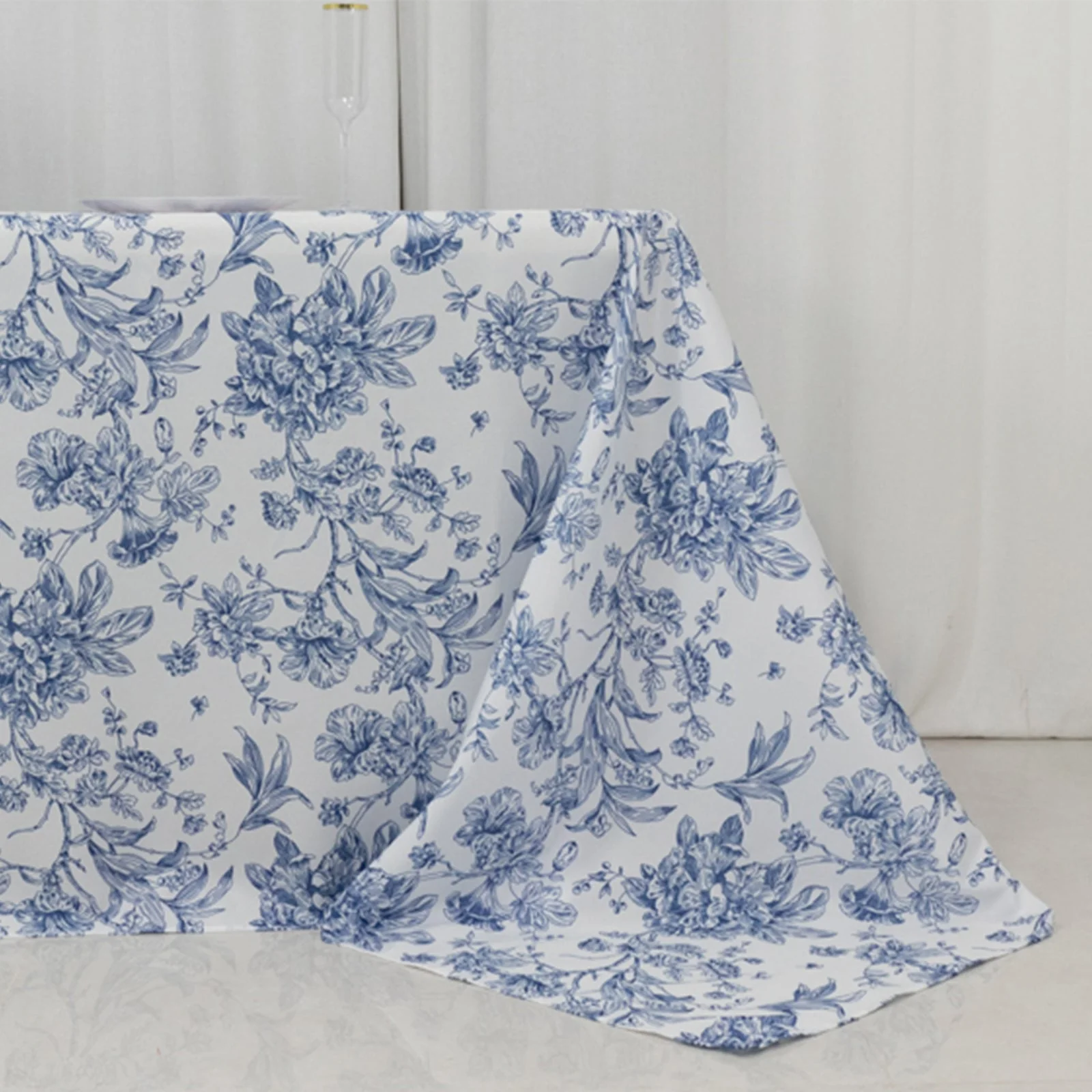 Polyester Rectangular Tablecloth 90"x156" White with Blue French Toile Pattern - Sophisticated Seamless Table Cover for Chic Weddings & Events - Image 2