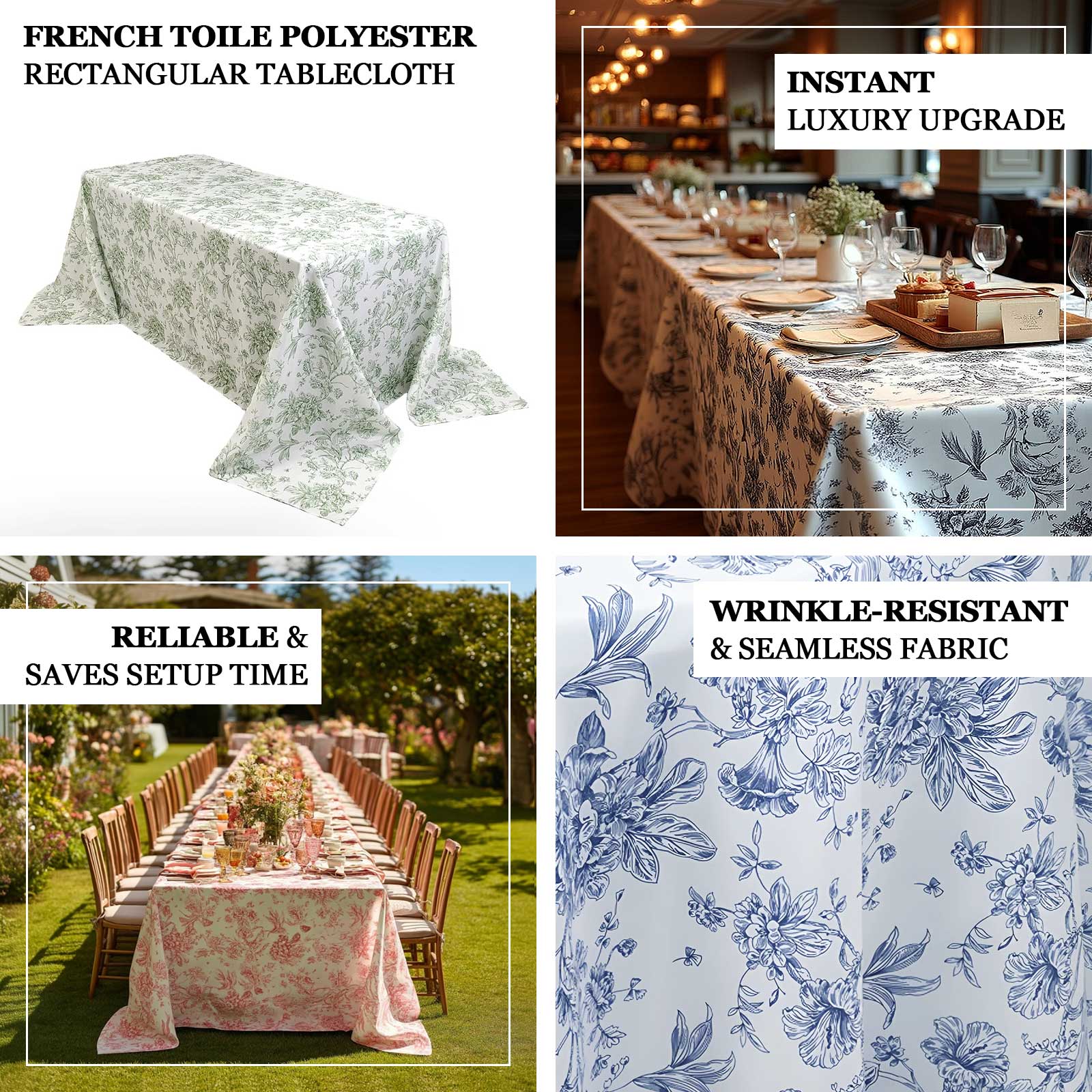 Polyester Rectangular Tablecloth 90"x156" White with Blue French Toile Pattern - Sophisticated Seamless Table Cover for Chic Weddings & Events - Image 4