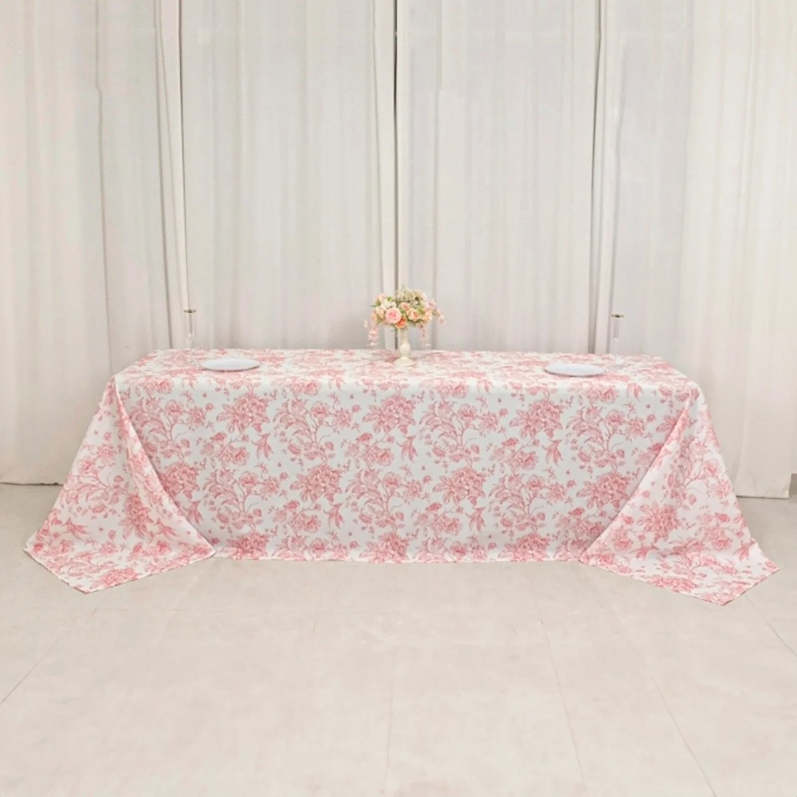 Polyester Rectangular Tablecloth 90"x156" White with Pink French Toile Pattern - Sophisticated Seamless Table Cover for Chic Weddings & Events - Image 10