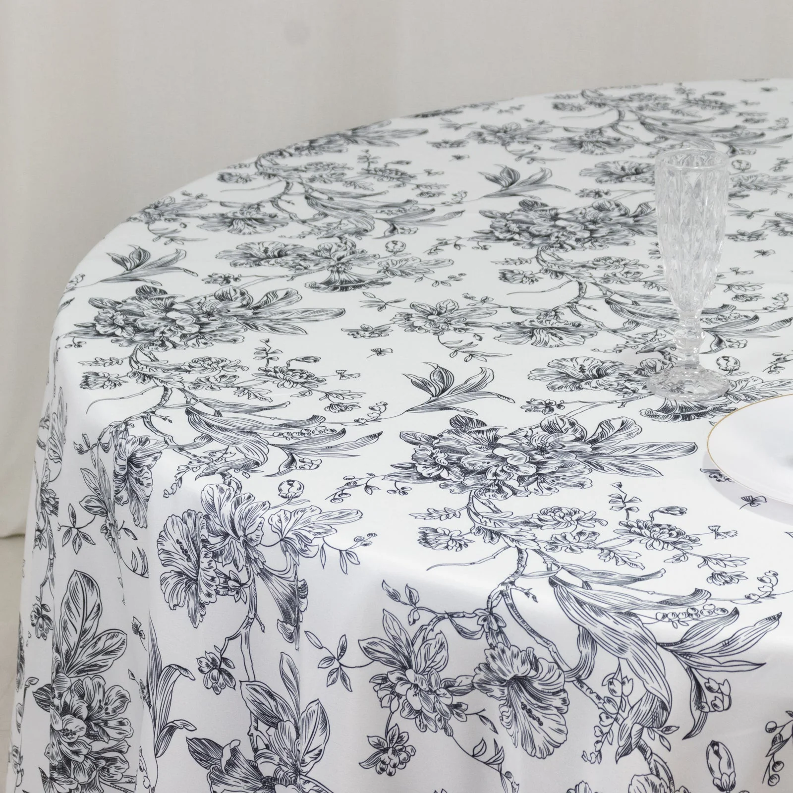 Polyester Round Tablecloth 108" White with Black French Toile Pattern - Sophisticated Table Cover for Chic Weddings & Events - Image 2