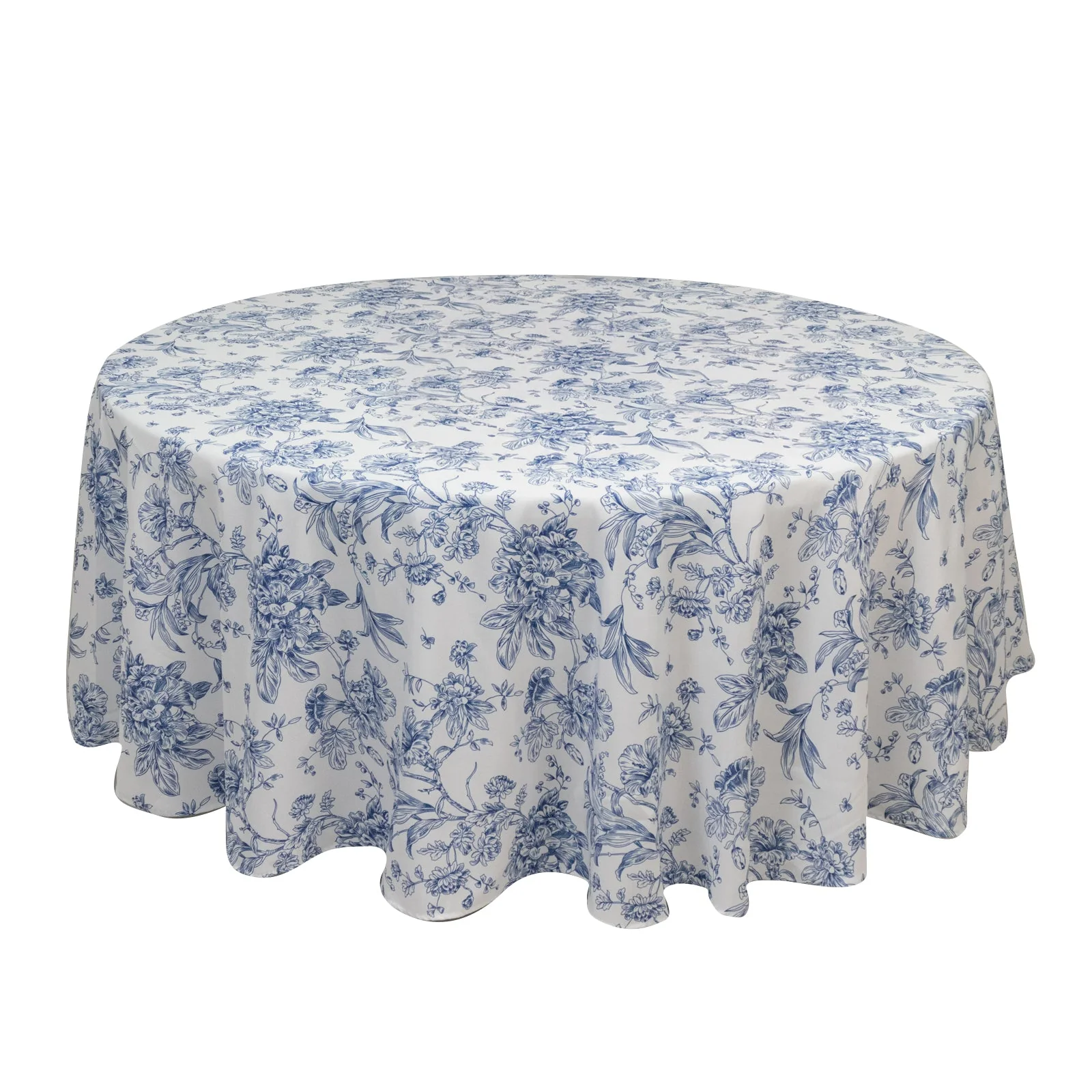 Polyester Round Tablecloth 108" White with Blue French Toile Pattern - Sophisticated Table Cover for Chic Weddings & Events - Image 3