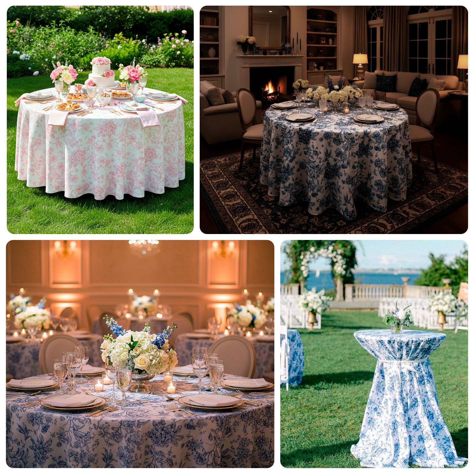 Polyester Round Tablecloth 108" White with Blue French Toile Pattern - Sophisticated Table Cover for Chic Weddings & Events - Image 5
