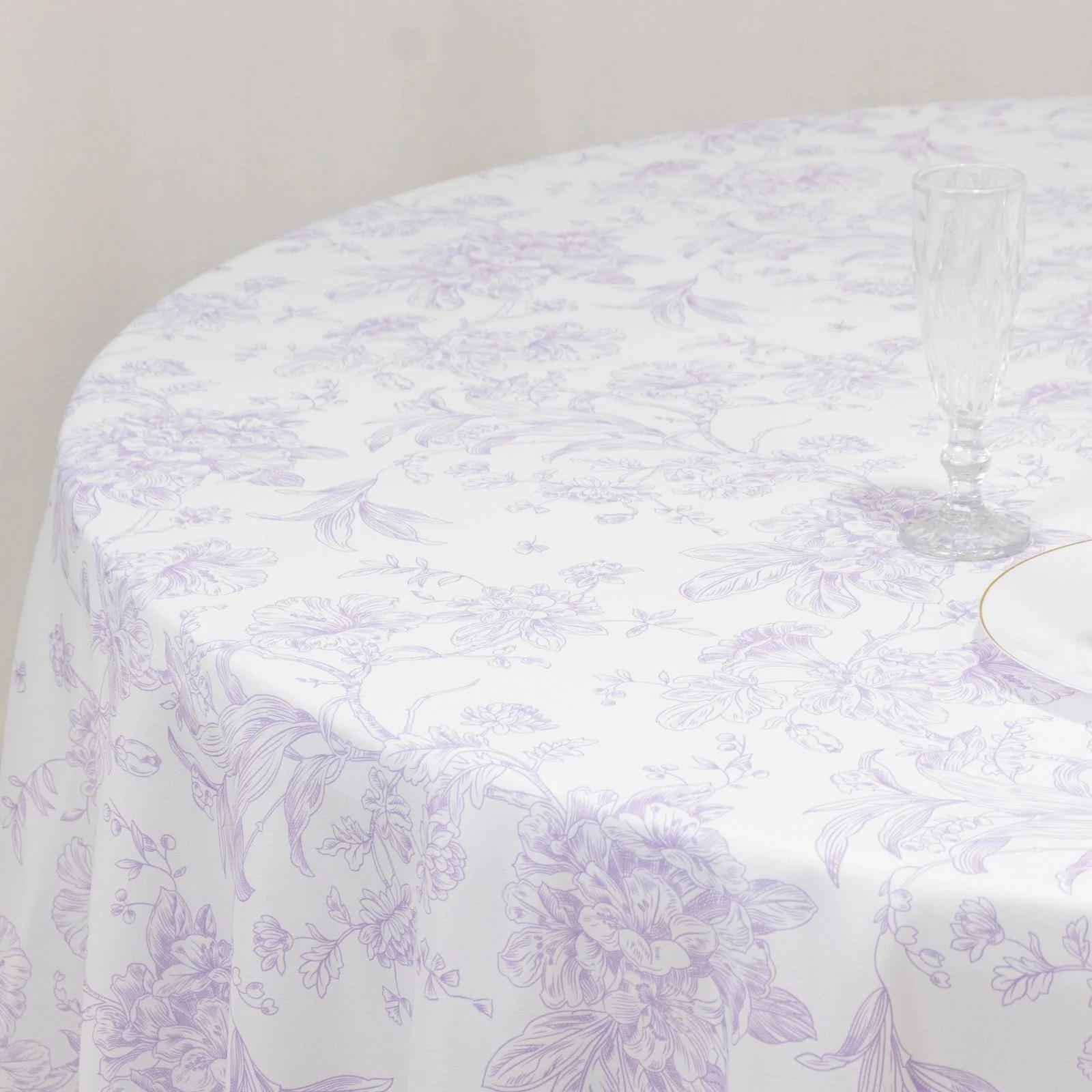 Polyester Round Tablecloth 108" White with Lavender Lilac French Toile Pattern - Sophisticated Table Cover for Chic Weddings & Events - Image 2