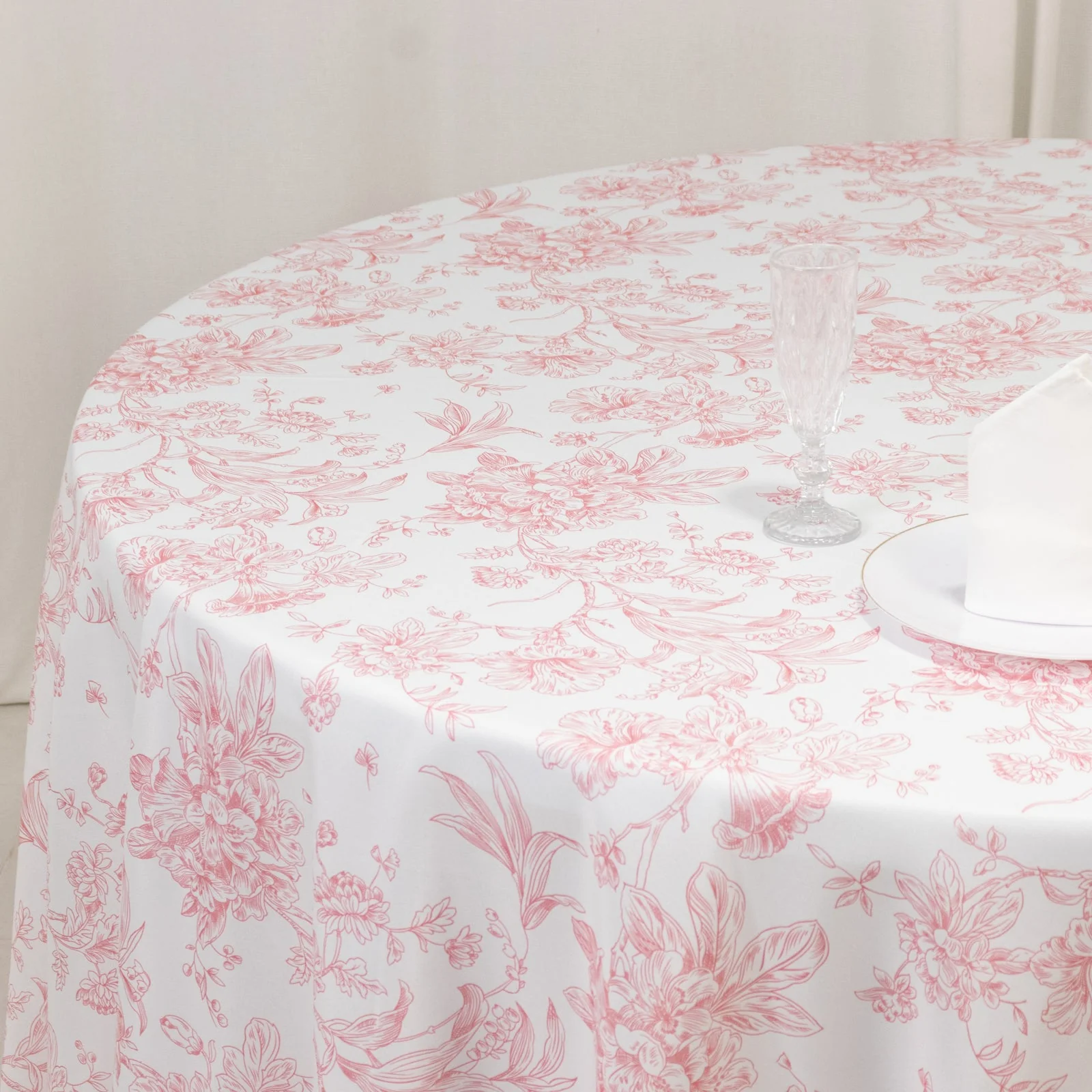 Polyester Round Tablecloth 108" White with Pink French Toile Pattern - Sophisticated Table Cover for Chic Weddings & Events - Image 2