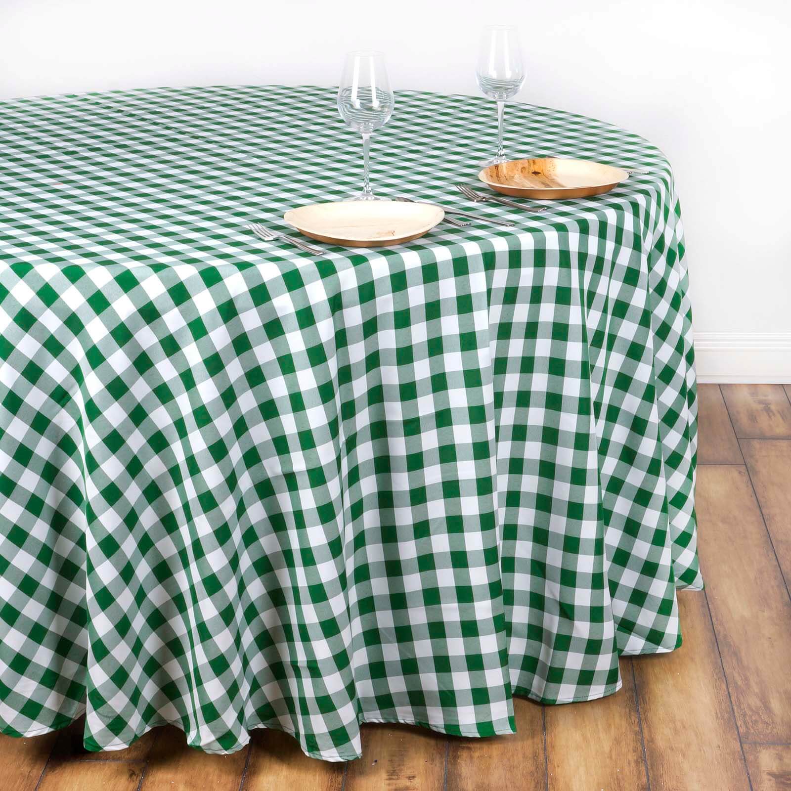 Polyester Round Tablecloth 108" White/Green Checkered Buffalo Plaid Table Cover - Image 2