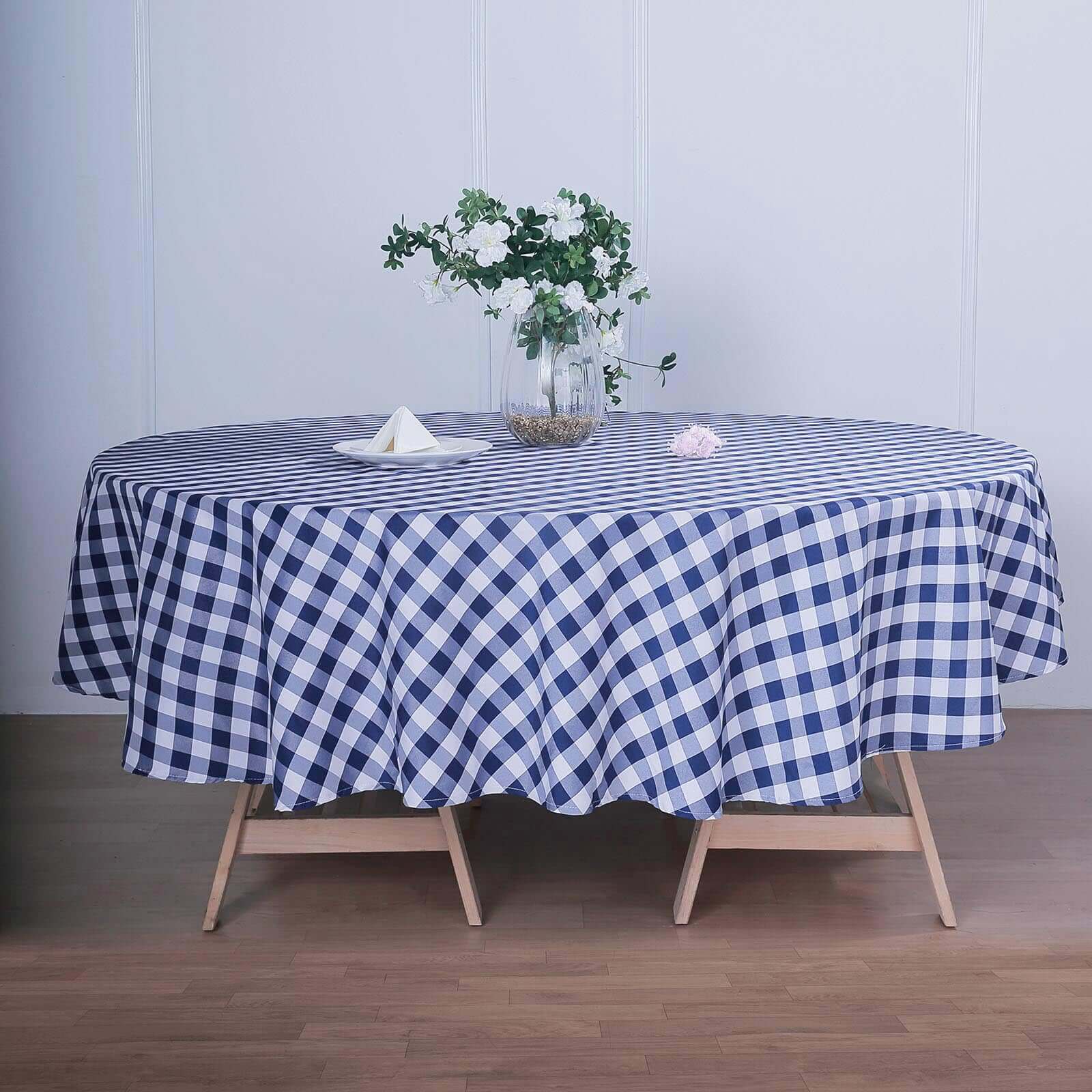 Polyester Round Tablecloth 108" White/Navy Blue Checkered Buffalo Plaid Table Cover - Image 2