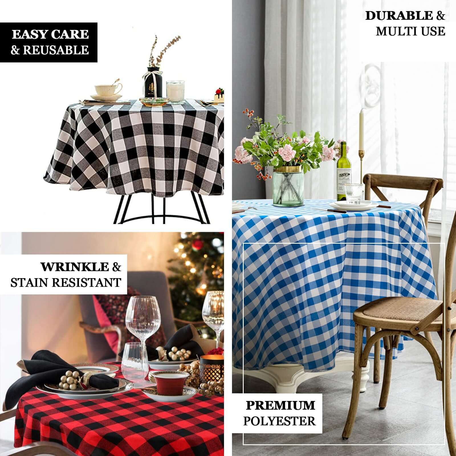 Polyester Round Tablecloth 108" White/Rose Quartz Checkered Buffalo Plaid Table Cover - Image 3
