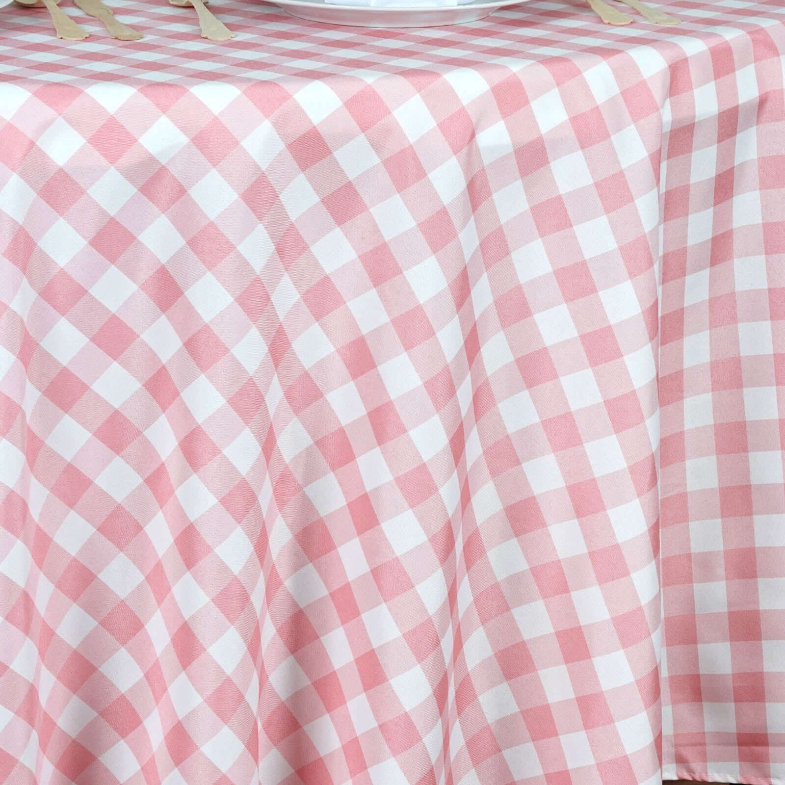 Polyester Round Tablecloth 108" White/Rose Quartz Checkered Buffalo Plaid Table Cover - Image 5