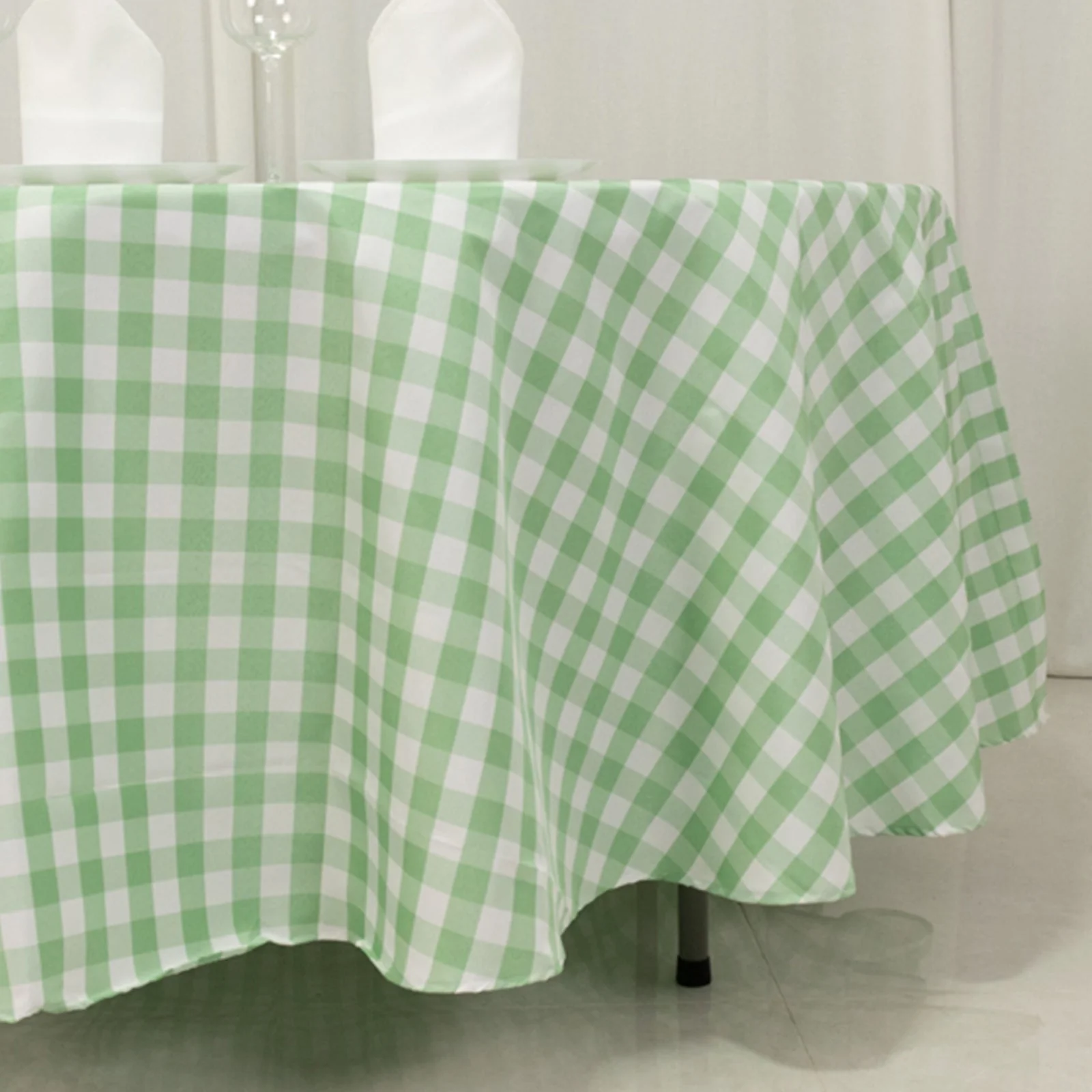 Polyester Round Tablecloth 108" White/Sage Green Checkered Buffalo Plaid Table Cover - Image 2