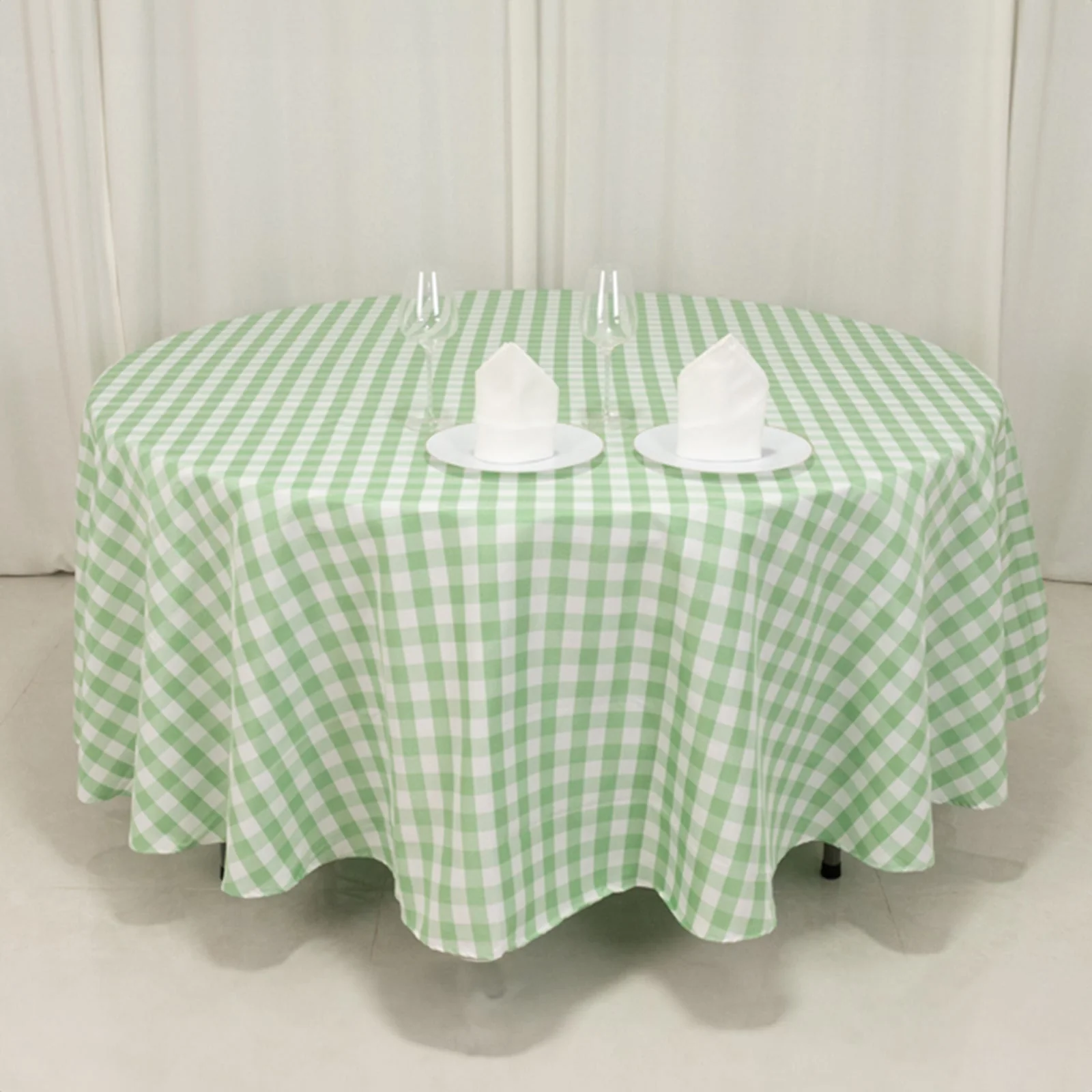 Polyester Round Tablecloth 108" White/Sage Green Checkered Buffalo Plaid Table Cover - Image 6