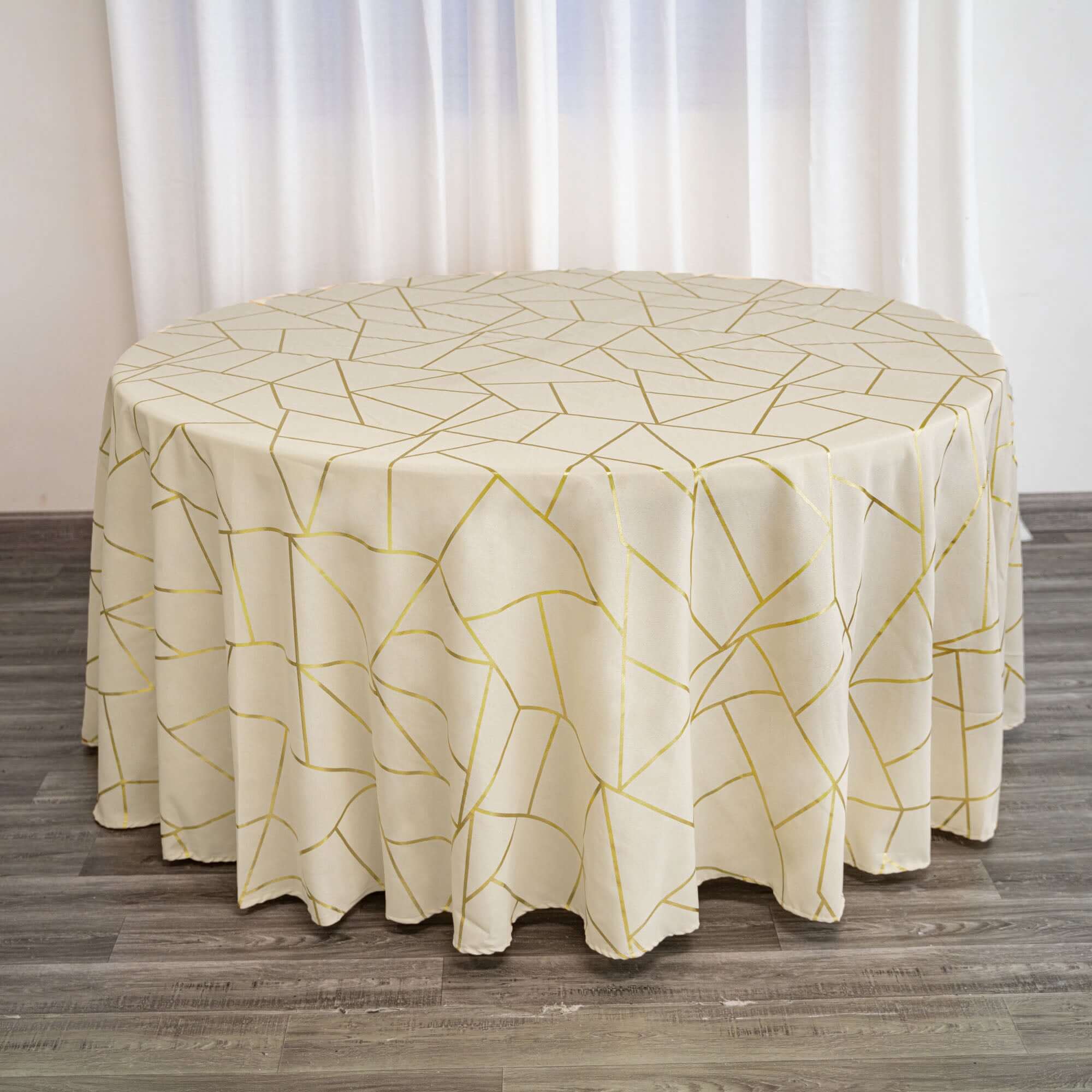 Polyester Round Tablecloth 120" Beige with Gold Foil Geometric Pattern - Seamless & Wrinkle-Resistant Table Cover