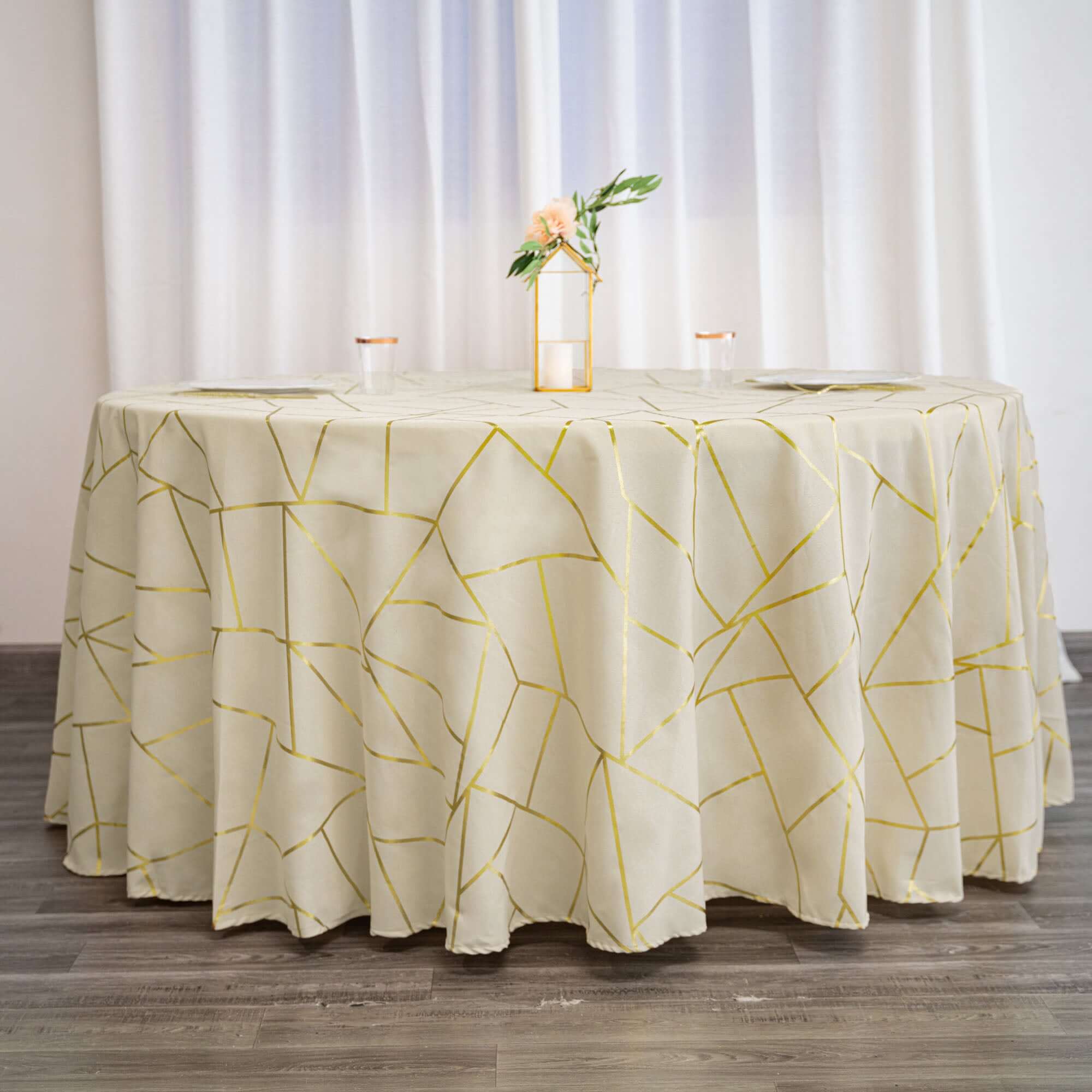 Polyester Round Tablecloth 120" Beige with Gold Foil Geometric Pattern - Seamless & Wrinkle-Resistant Table Cover - Image 2