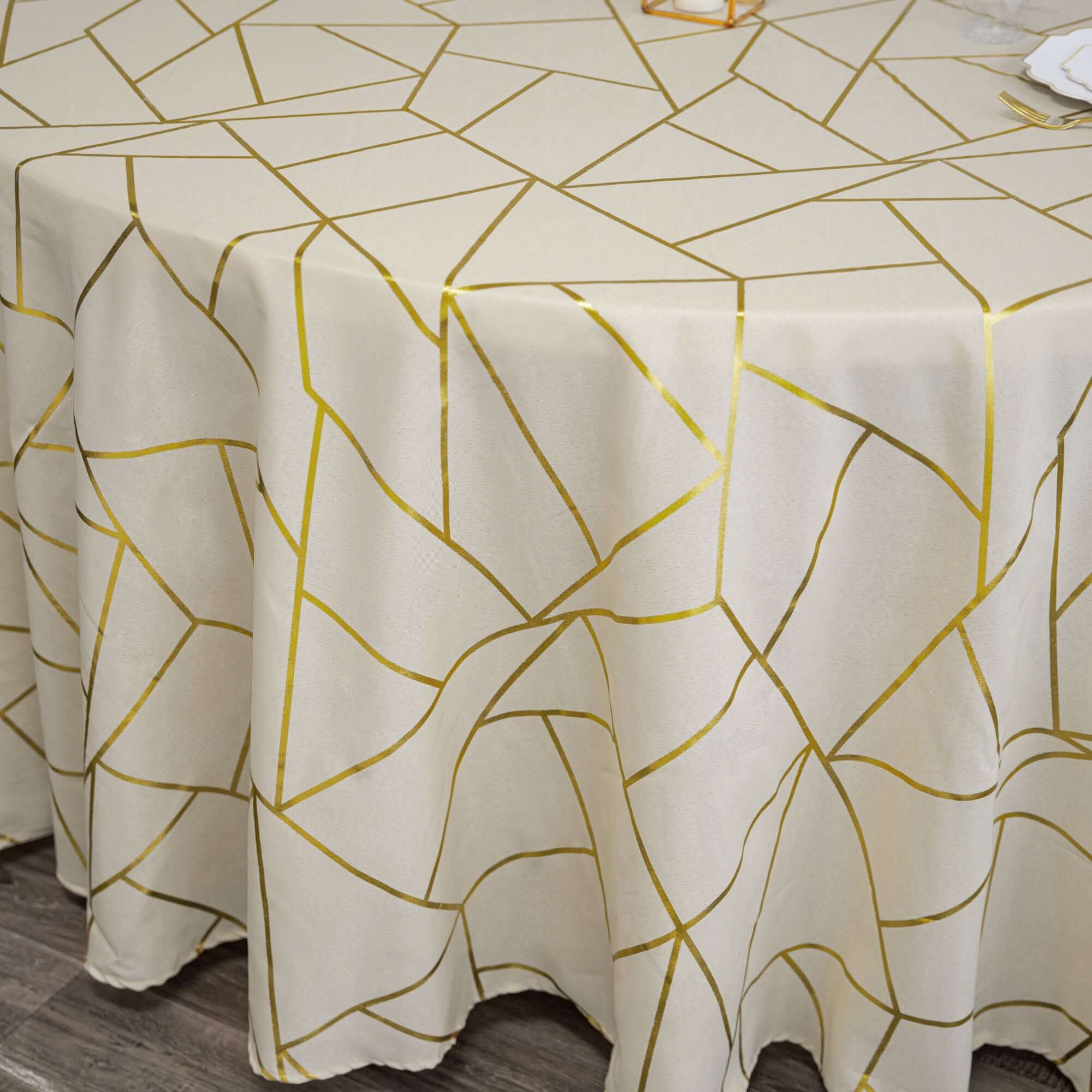 Polyester Round Tablecloth 120" Beige with Gold Foil Geometric Pattern - Seamless & Wrinkle-Resistant Table Cover - Image 6