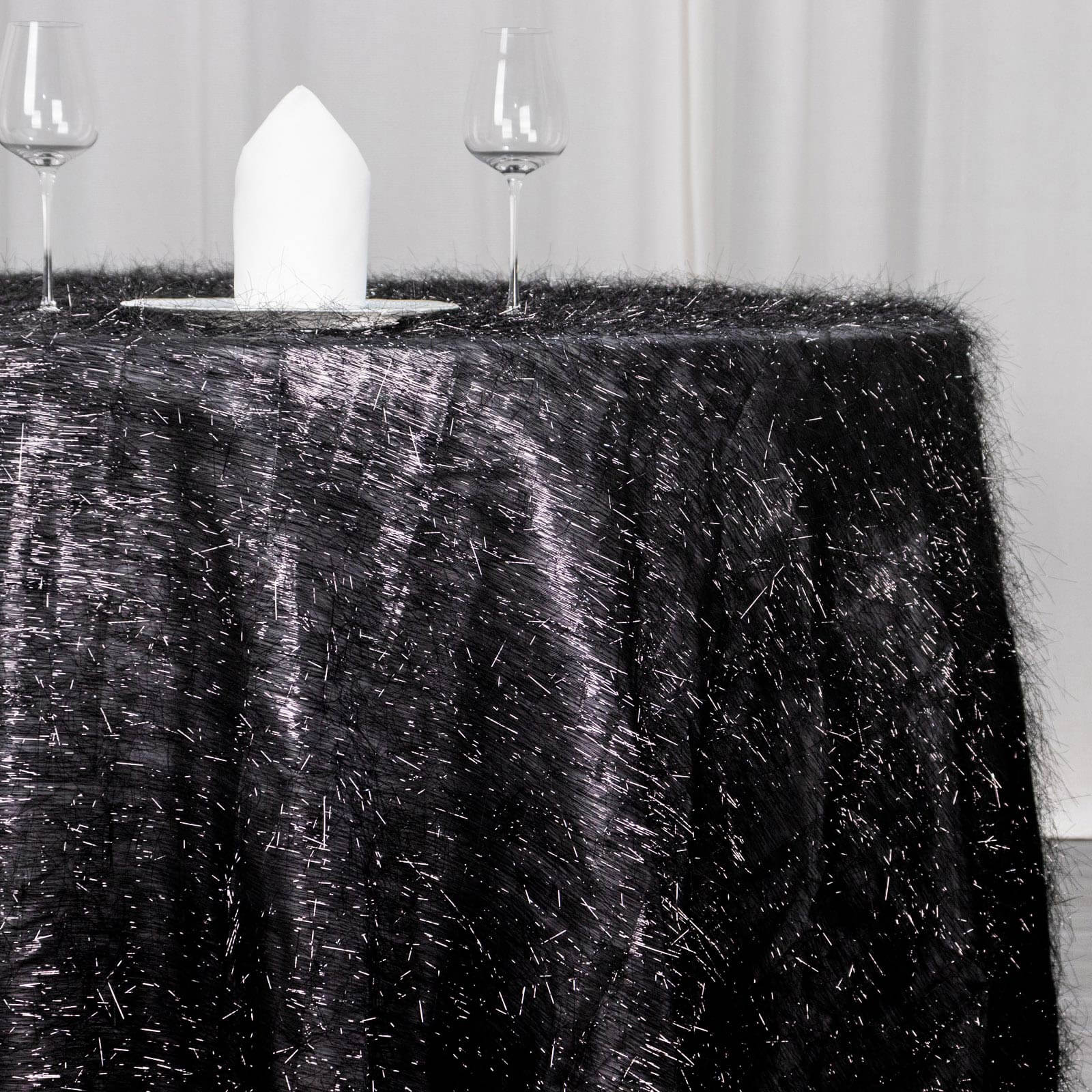 Polyester Round Tablecloth 120" Black Metallic Fringe Shag Tinsel Table Cover - Image 2