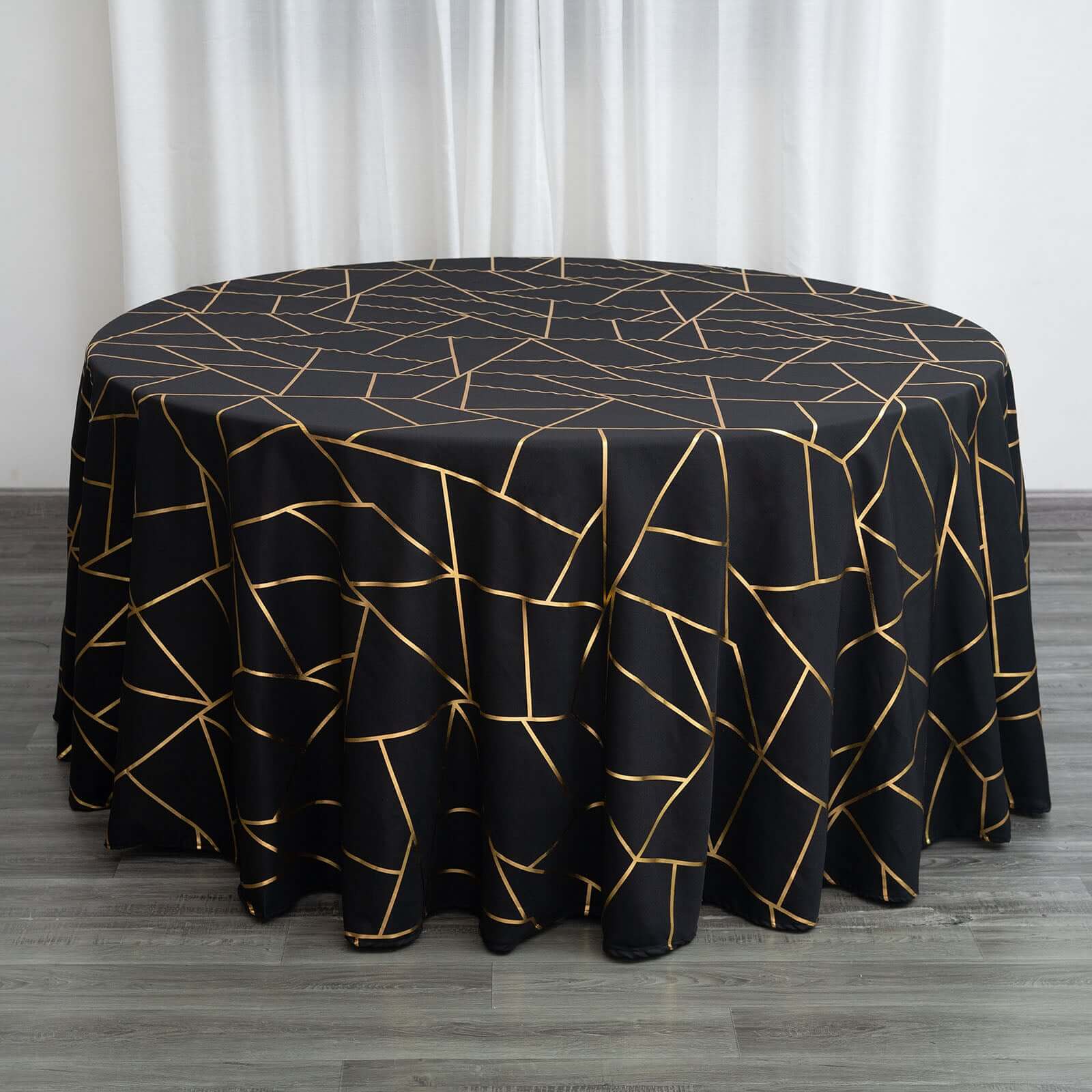 Polyester Round Tablecloth 120" Black with Gold Foil Geometric Pattern - Seamless and Wrinkle-Resistant Table Cover for Trendy Weddings & Events
