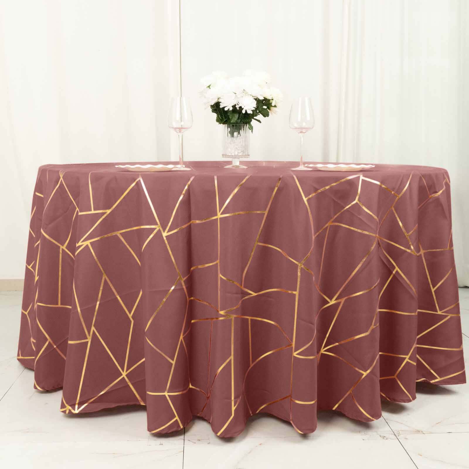 Polyester Round Tablecloth 120" Cinnamon Rose with Gold Foil Geometric Pattern - Seamless & Wrinkle-Resistant Table Cover
