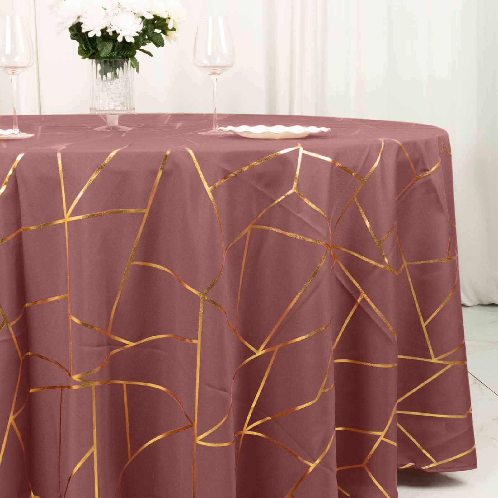 Polyester Round Tablecloth 120" Cinnamon Rose with Gold Foil Geometric Pattern - Seamless & Wrinkle-Resistant Table Cover - Image 12