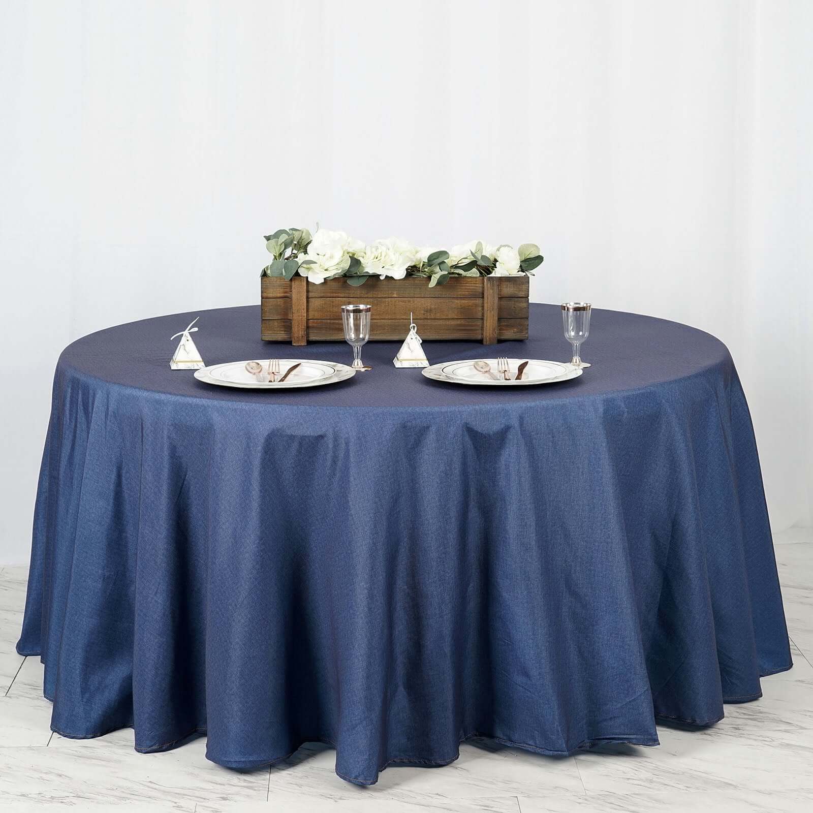 Polyester Round Tablecloth 120" Dark Denim Blue with Faux Denim Design - Seamless Finish for Modern Events