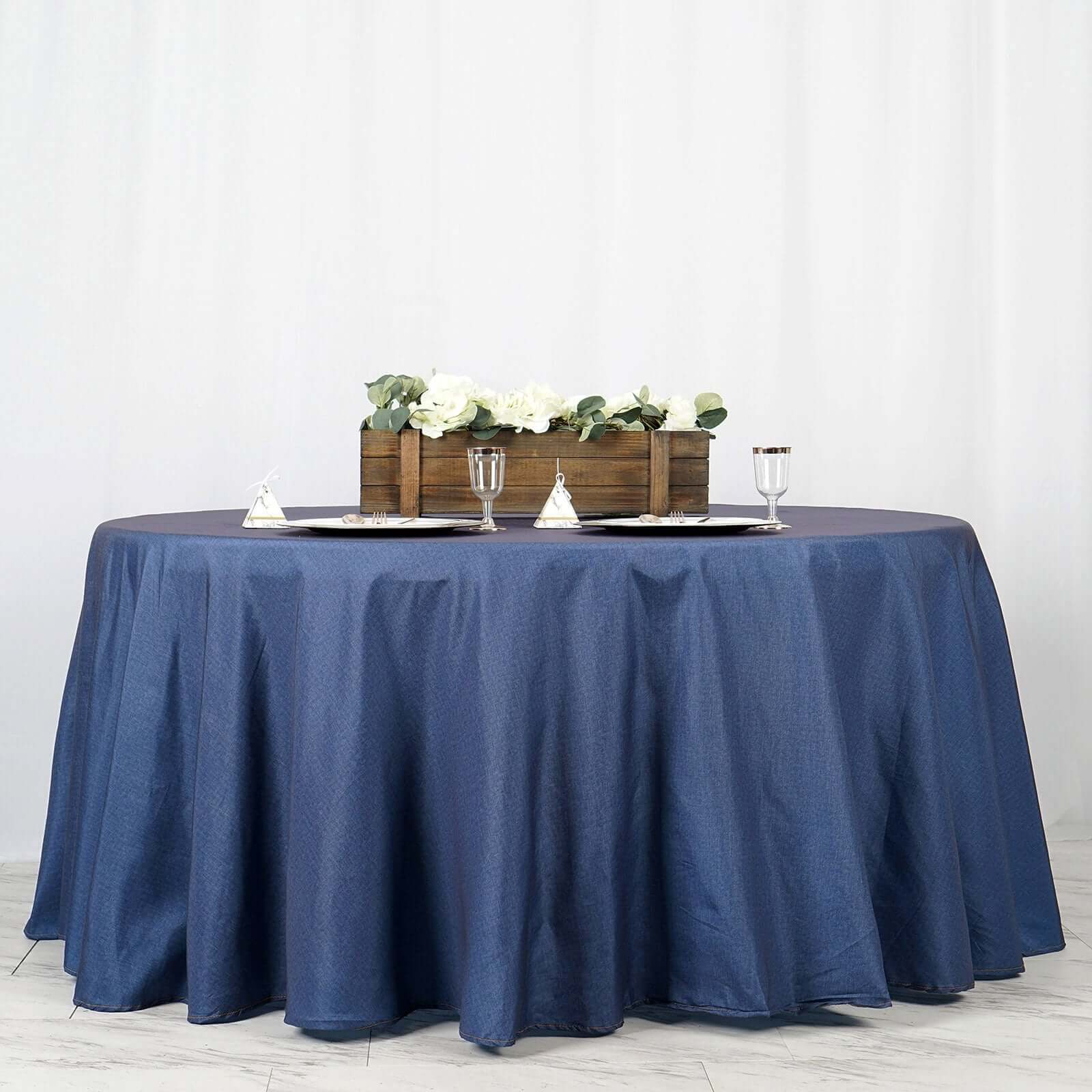 Polyester Round Tablecloth 120" Dark Denim Blue with Faux Denim Design - Seamless Finish for Modern Events - Image 2