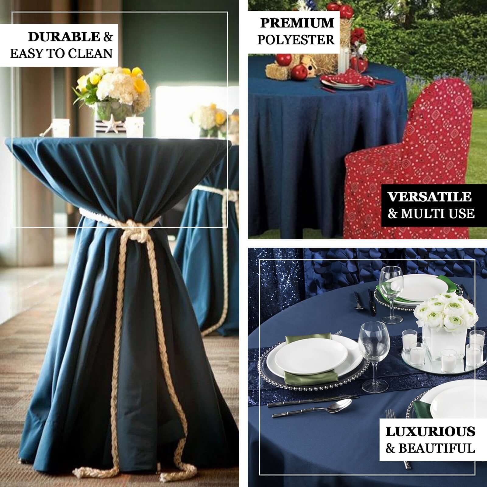 Polyester Round Tablecloth 120" Dark Denim Blue with Faux Denim Design - Seamless Finish for Modern Events - Image 3