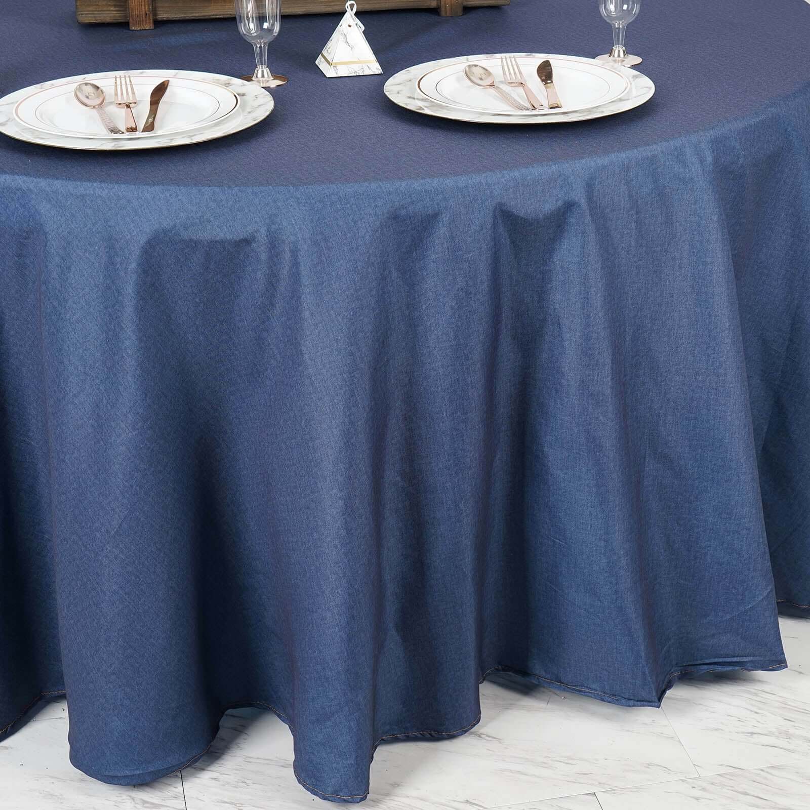Polyester Round Tablecloth 120" Dark Denim Blue with Faux Denim Design - Seamless Finish for Modern Events - Image 7