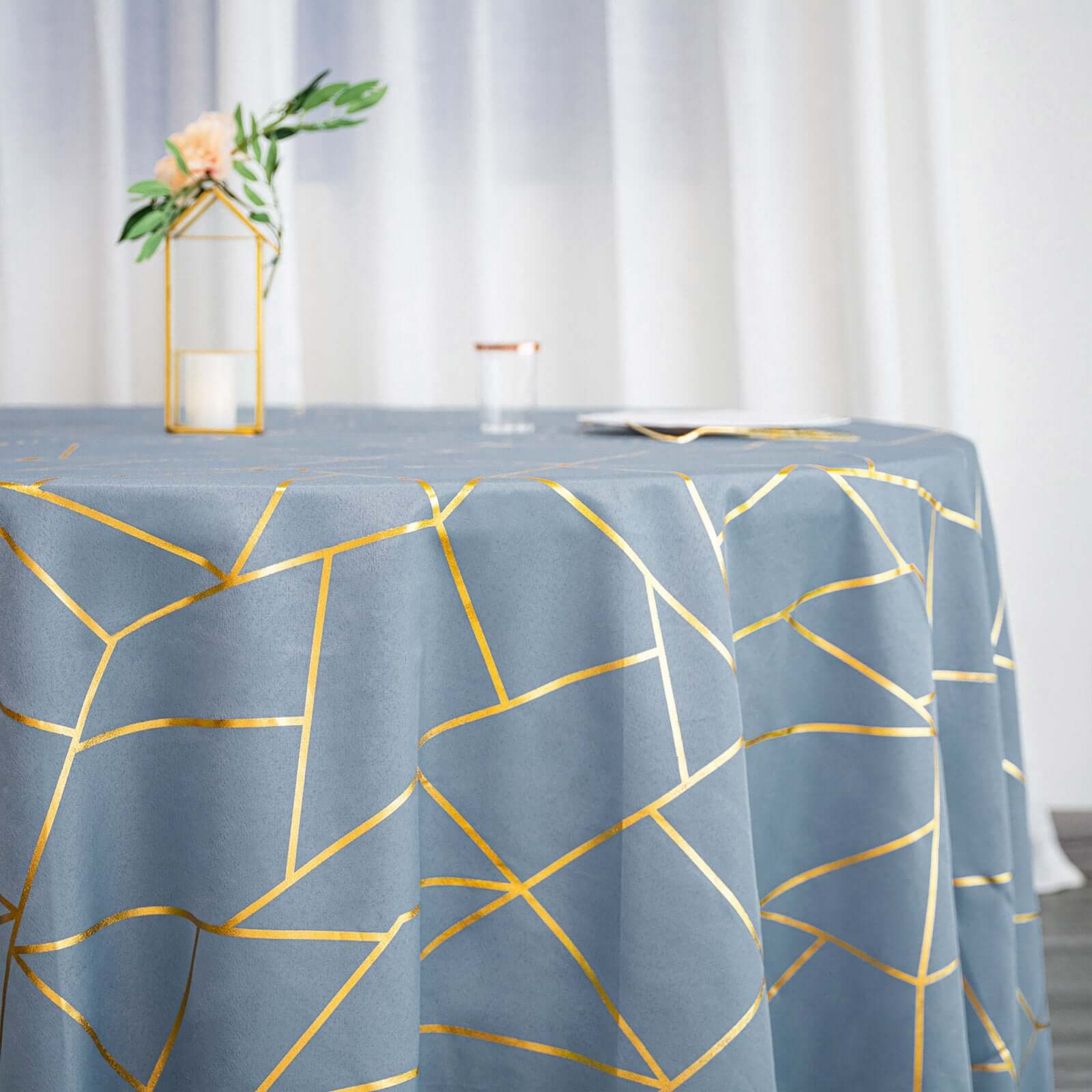 Polyester Round Tablecloth 120" Dusty Blue with Gold Foil Geometric Pattern - Seamless & Wrinkle-Resistant Table Cover - Image 2