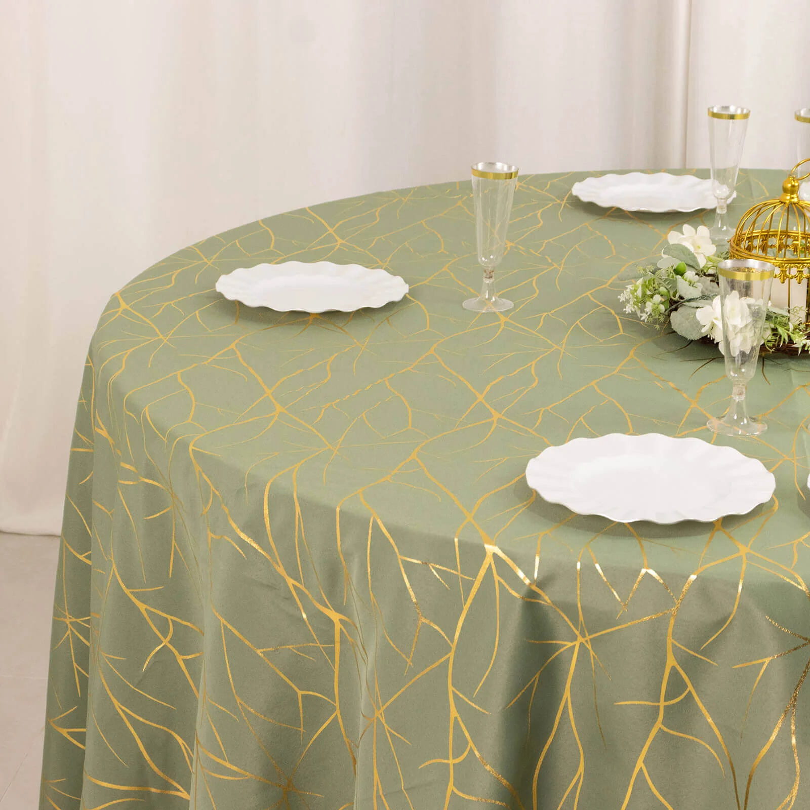 Polyester Round Tablecloth 120" Dusty Sage Green with Gold Foil Tree Branch Pattern - Seamless & Wrinkle-Resistant Table Cover - Image 6