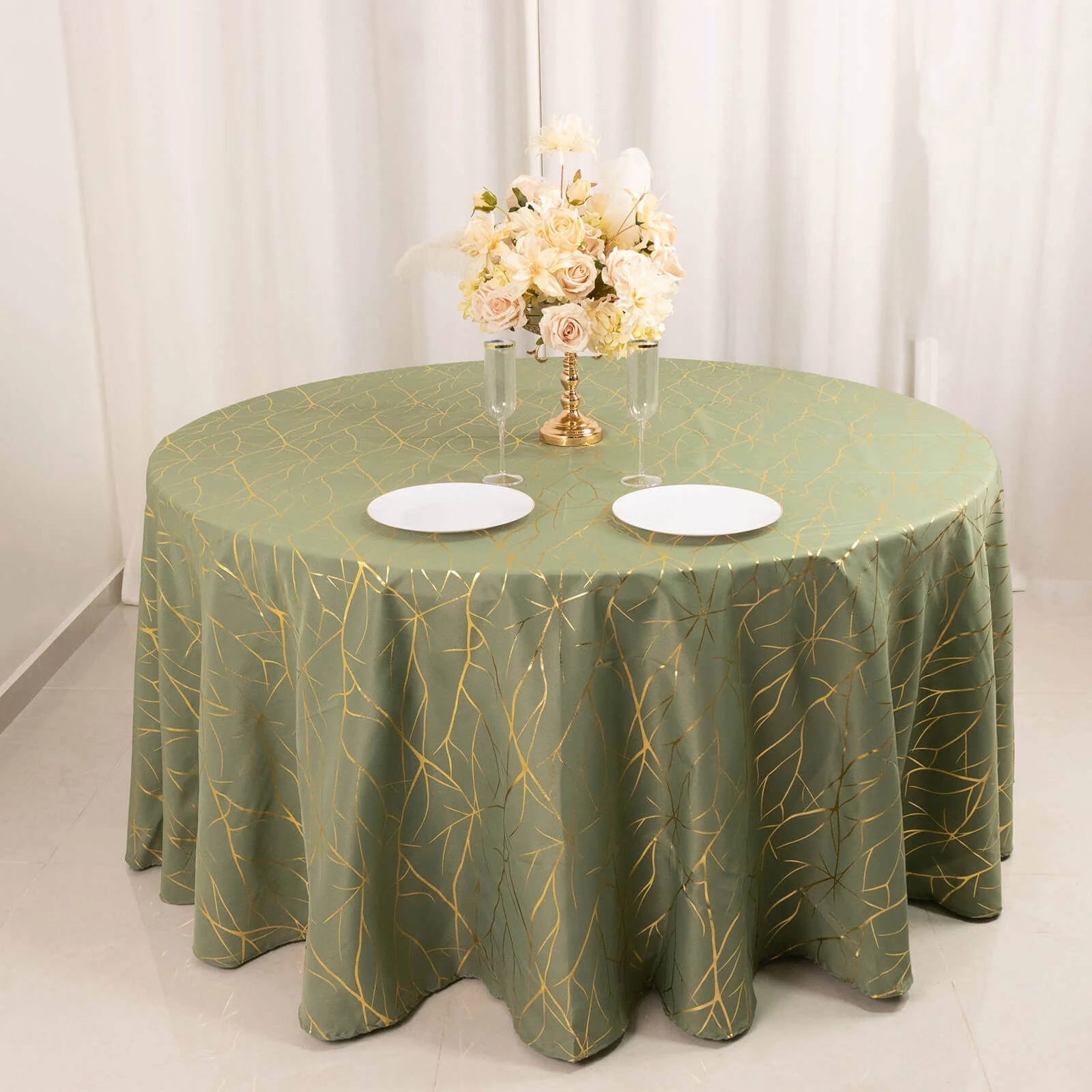Polyester Round Tablecloth 120" Dusty Sage Green with Gold Foil Tree Branch Pattern - Seamless & Wrinkle-Resistant Table Cover - Image 7