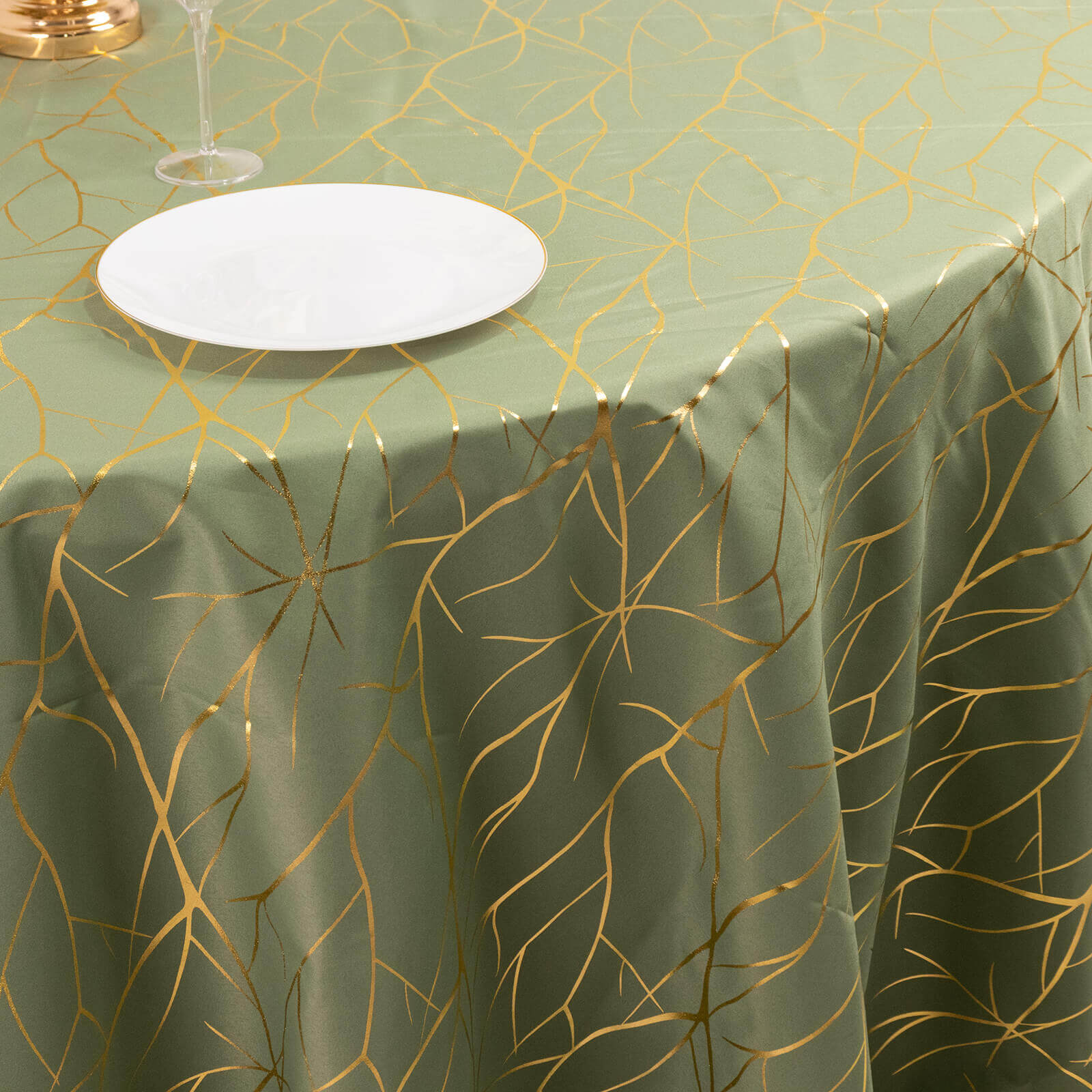 Polyester Round Tablecloth 120" Dusty Sage Green with Gold Foil Tree Branch Pattern - Seamless & Wrinkle-Resistant Table Cover - Image 8