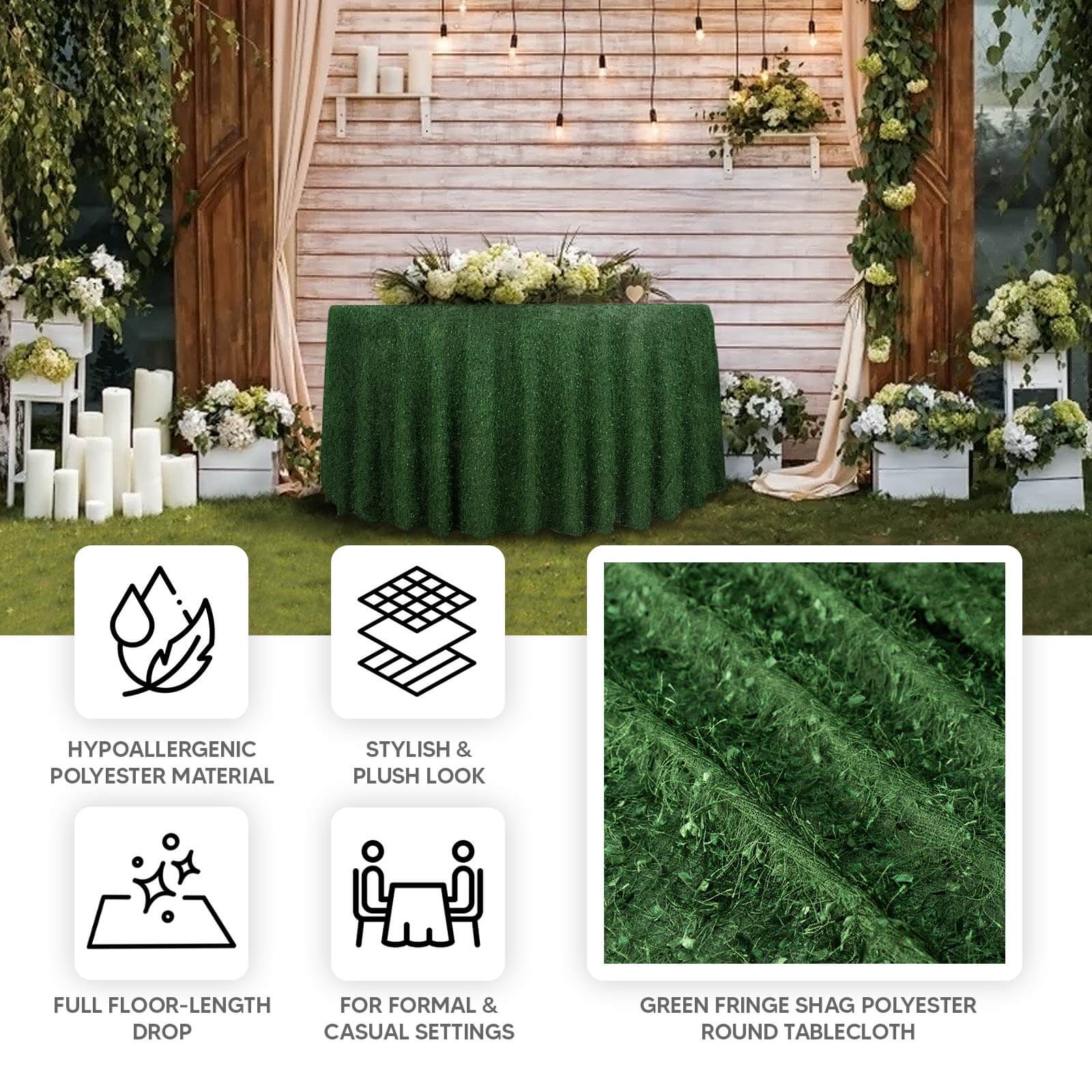 Polyester Round Tablecloth 120" Green Fringe Shag Design - Ultra Soft Hypoallergenic Table Cover - Image 4