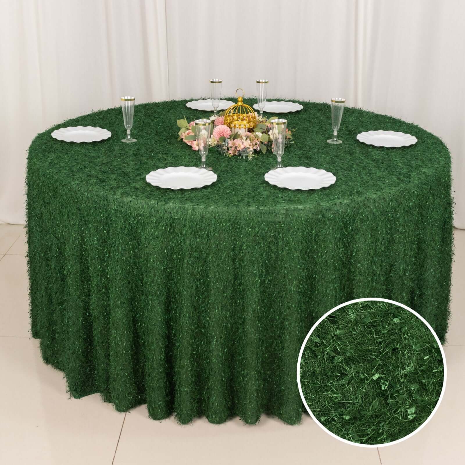 Polyester Round Tablecloth 120" Green Fringe Shag Design - Ultra Soft Hypoallergenic Table Cover - Image 7