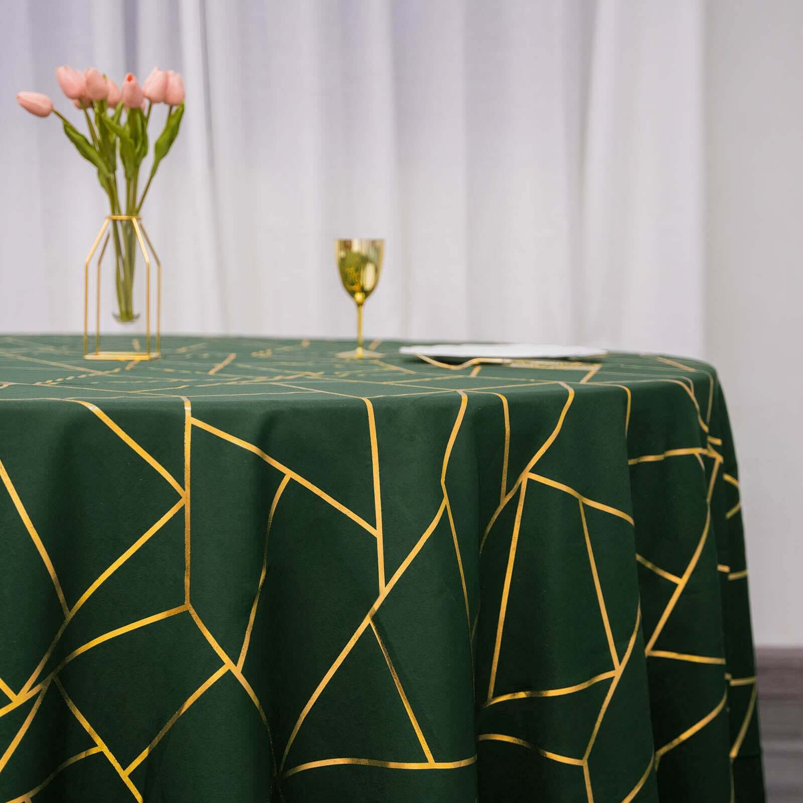 Polyester Round Tablecloth 120" Hunter Emerald Green with Gold Foil Geometric Pattern - Seamless & Wrinkle-Resistant Table Cover - Image 2