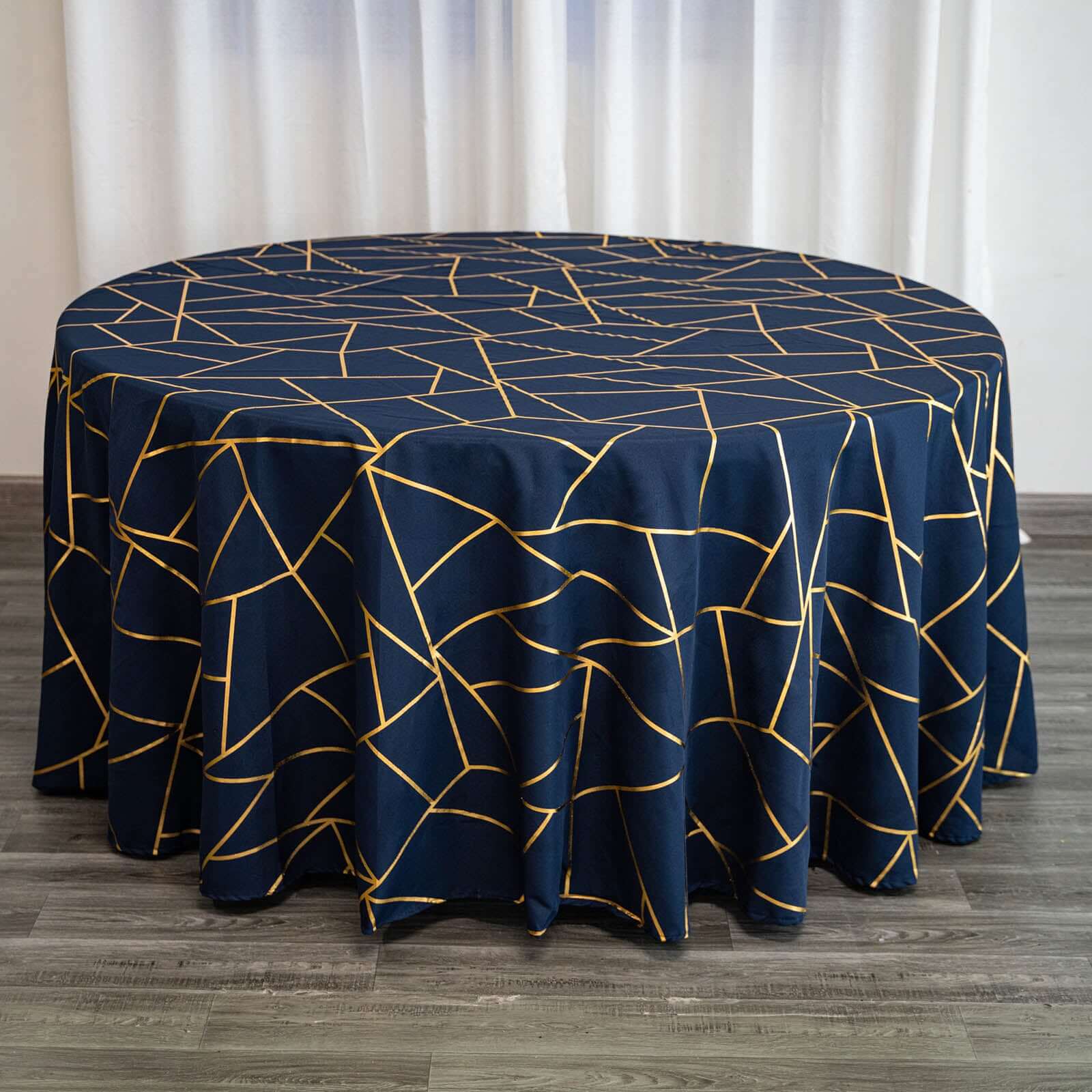 Polyester Round Tablecloth 120" Navy Blue with Gold Foil Geometric Pattern - Seamless & Wrinkle-Resistant Table Cover