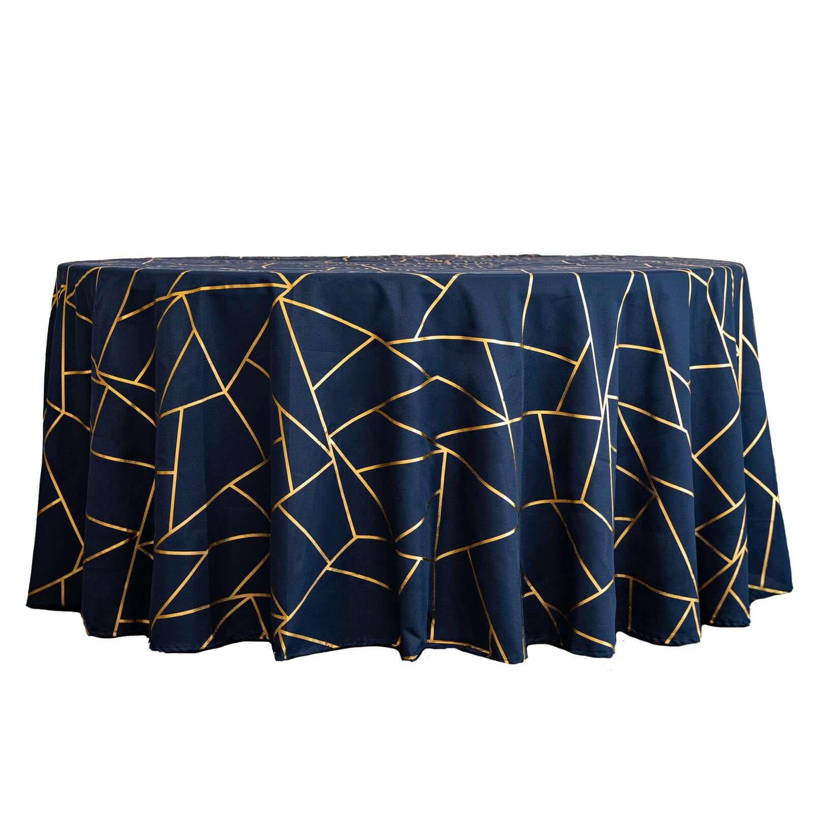 Polyester Round Tablecloth 120" Navy Blue with Gold Foil Geometric Pattern - Seamless & Wrinkle-Resistant Table Cover - Image 6