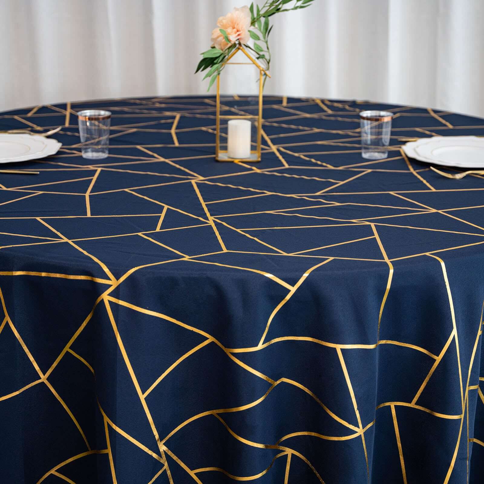 Polyester Round Tablecloth 120" Navy Blue with Gold Foil Geometric Pattern - Seamless & Wrinkle-Resistant Table Cover - Image 7