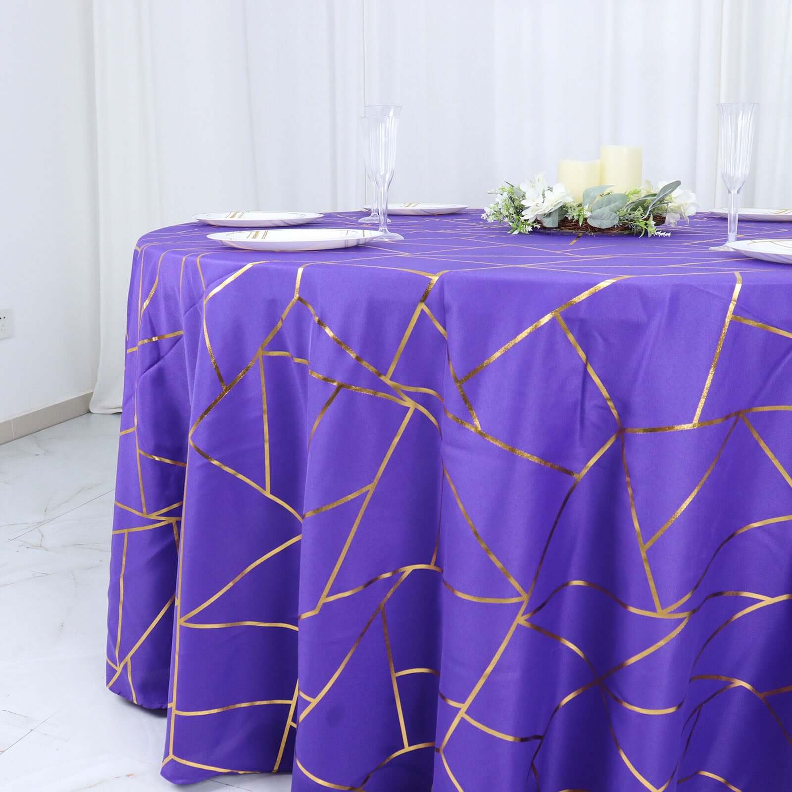 Polyester Round Tablecloth 120" Purple with Gold Foil Geometric Pattern - Seamless & Wrinkle-Resistant Table Cover - Image 2