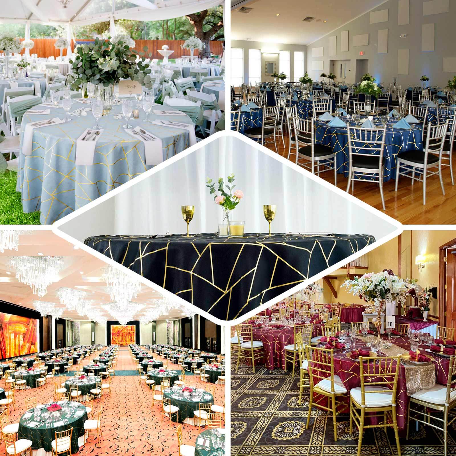 Polyester Round Tablecloth 120" Purple with Gold Foil Geometric Pattern - Seamless & Wrinkle-Resistant Table Cover - Image 4