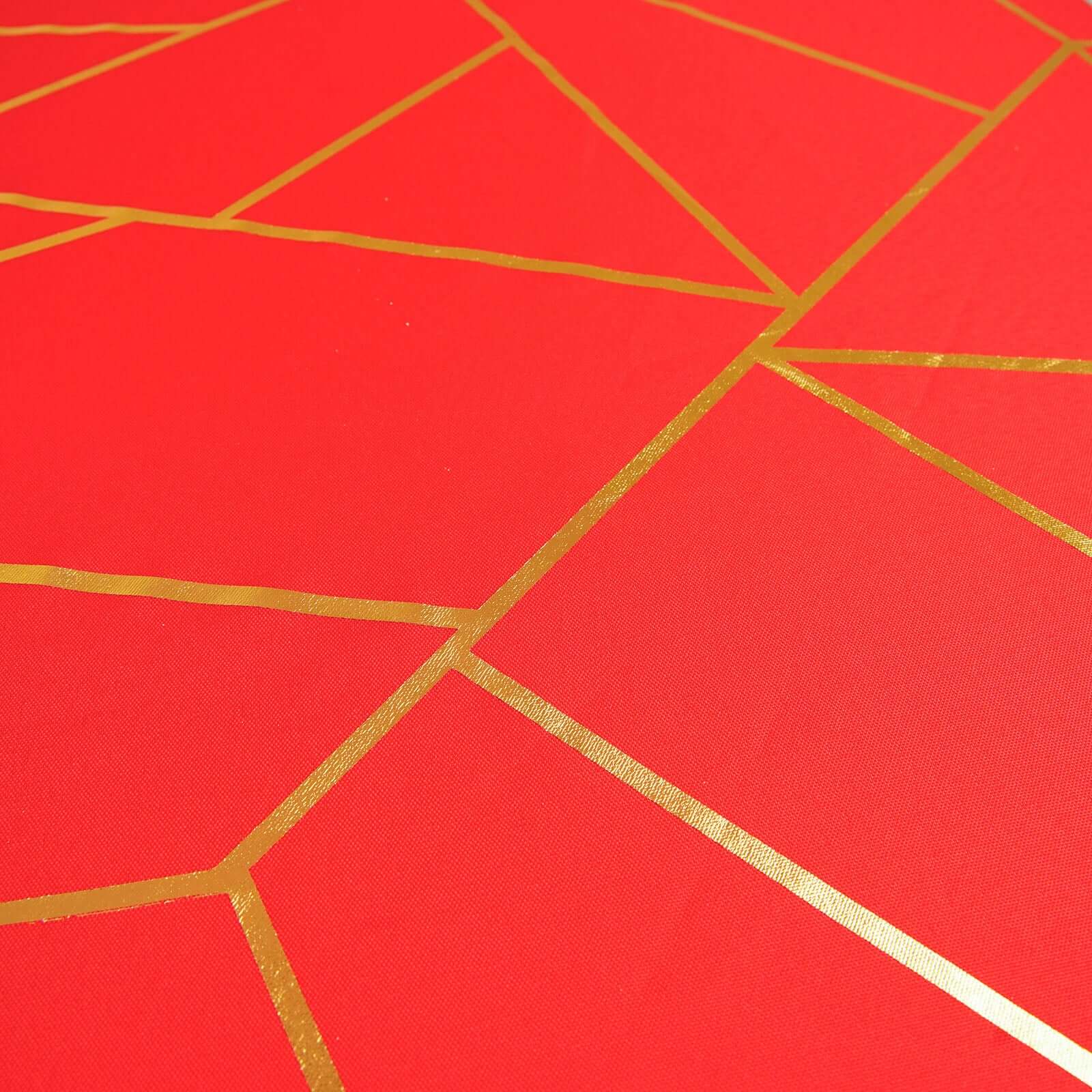 Polyester Round Tablecloth 120" Red with Gold Foil Geometric Pattern - Seamless & Wrinkle-Resistant Table Cover - Image 10