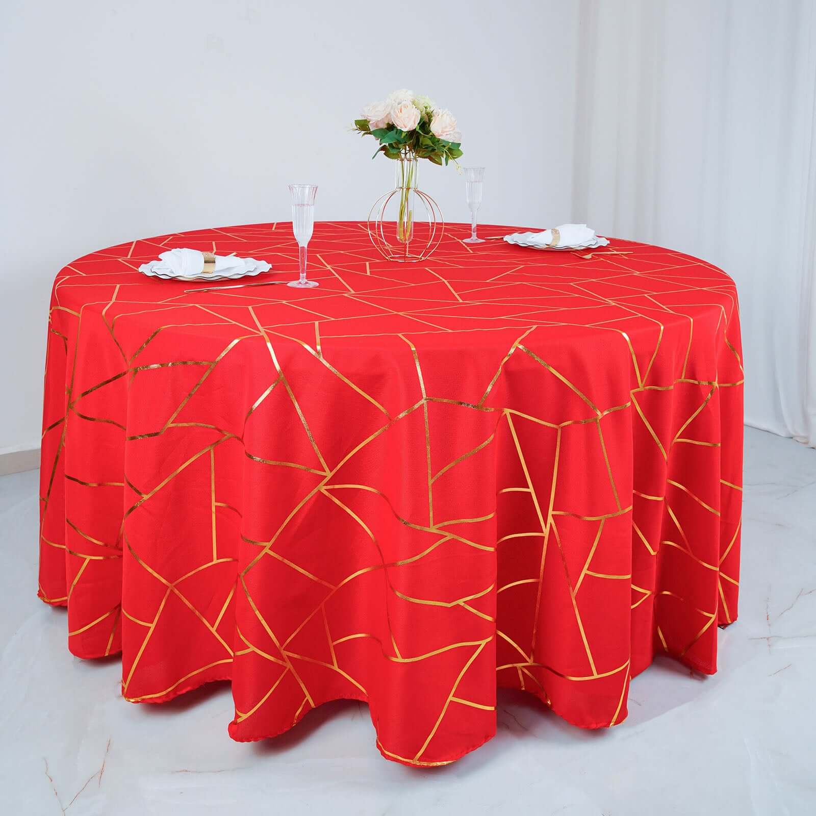 Polyester Round Tablecloth 120" Red with Gold Foil Geometric Pattern - Seamless & Wrinkle-Resistant Table Cover - Image 5