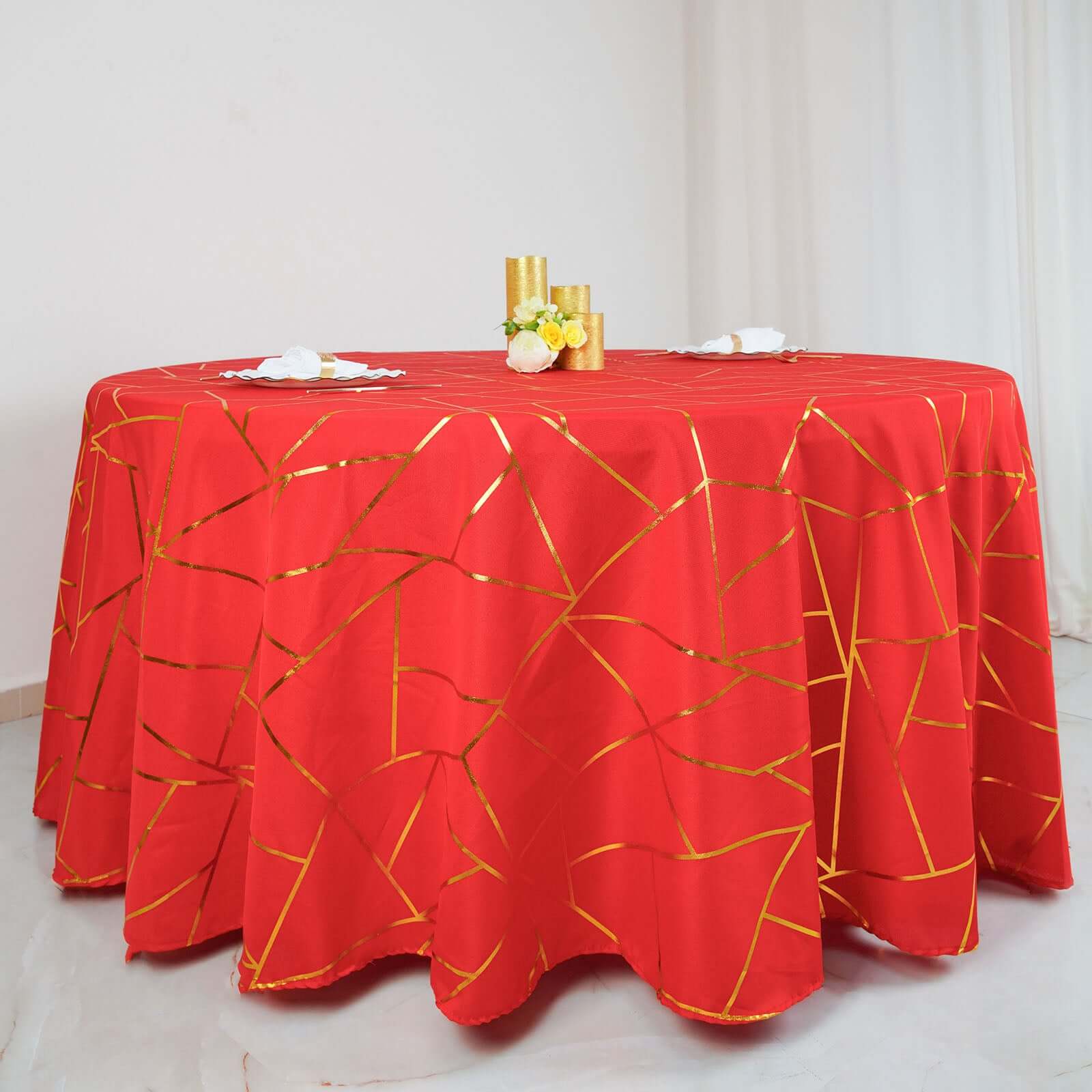Polyester Round Tablecloth 120" Red with Gold Foil Geometric Pattern - Seamless & Wrinkle-Resistant Table Cover - Image 6